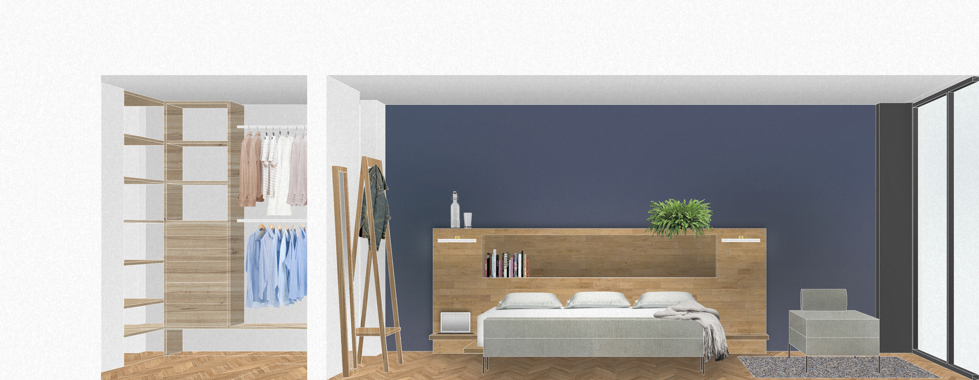 Interior elevation drawing of a bedroom with navy wall, timber headboard with shelf, and an open walk-in closet with hanging shirts
