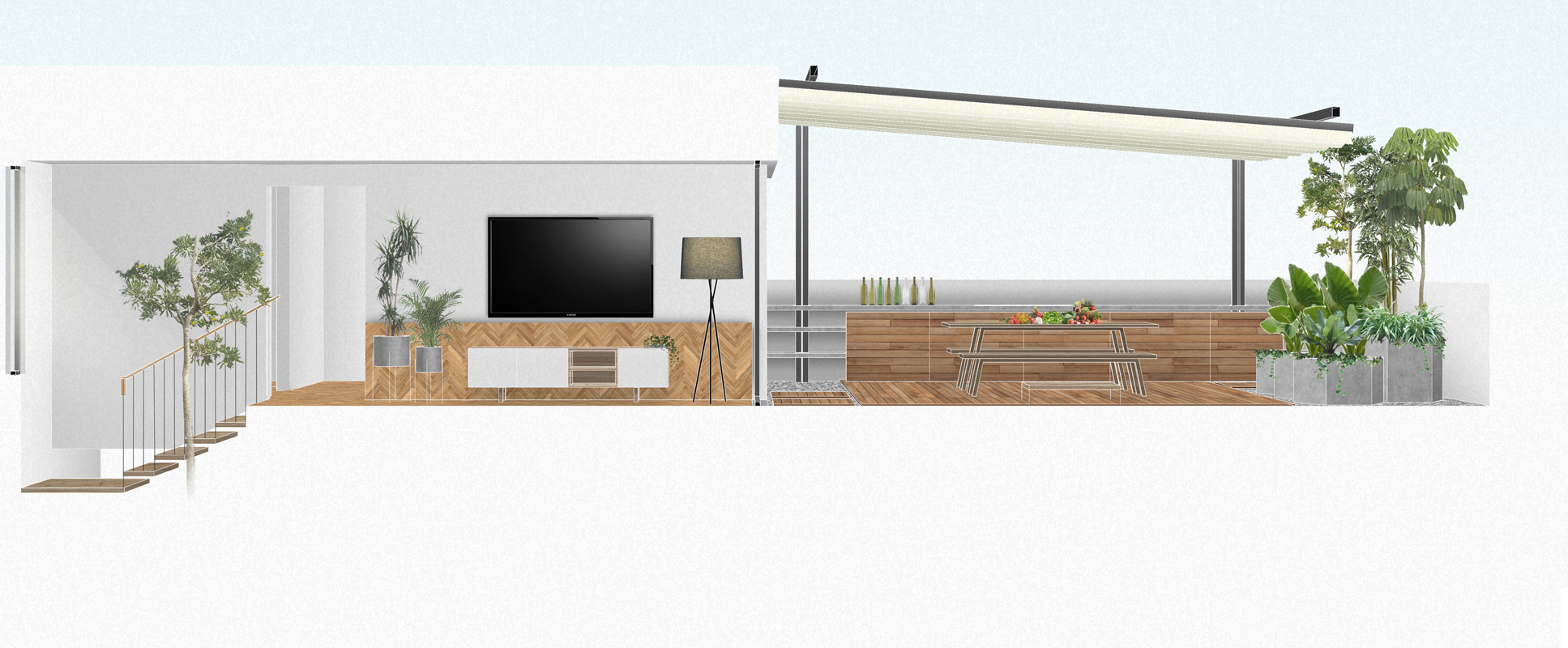 Section drawing of a living room with wall-mounted television beside a covered rooftop terrace with picnic table, planters and a slim pergola roof