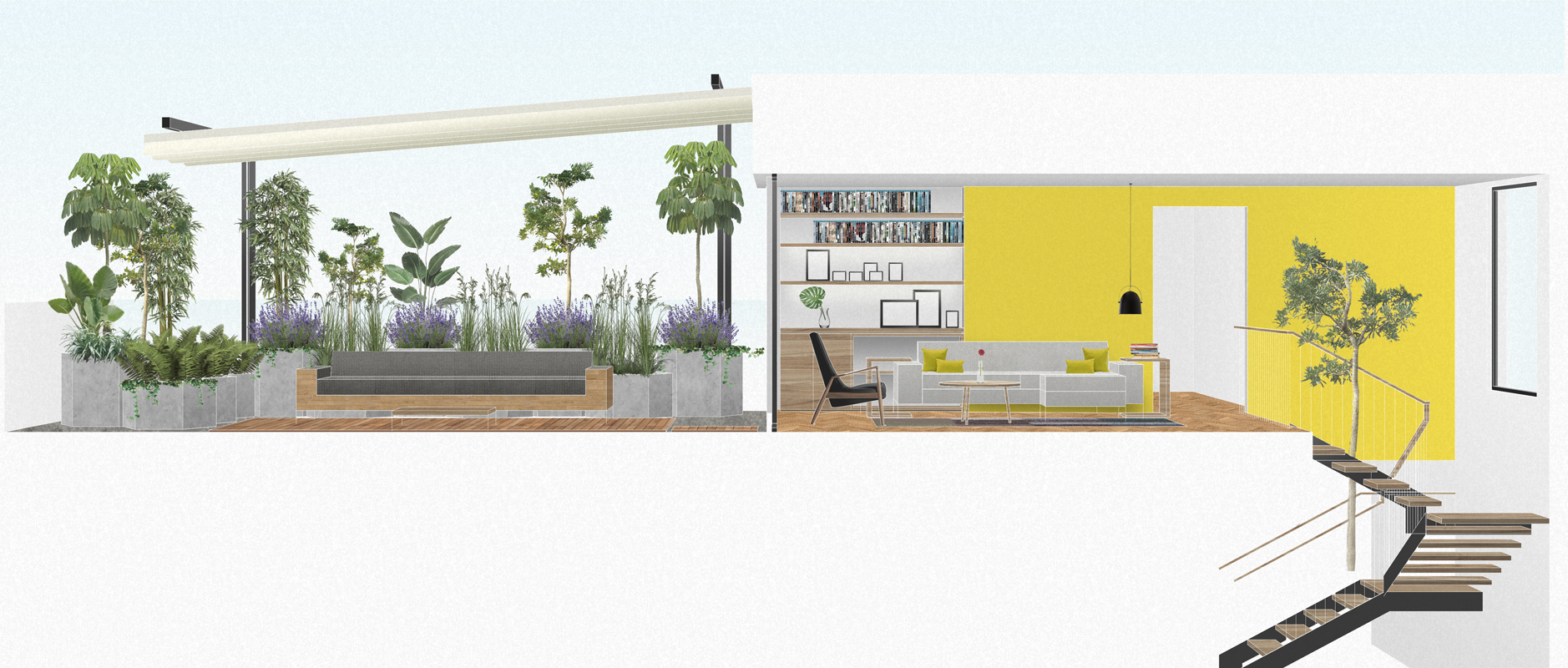 Section drawing of a planted roof terrace with built-in bench beside a living room with yellow wall, bookshelves and a floating staircase