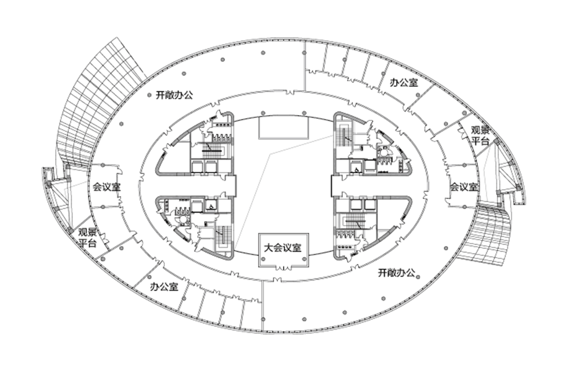 Floor plan drawing of an oval tower level with a central core, ring of offices and two viewing platforms