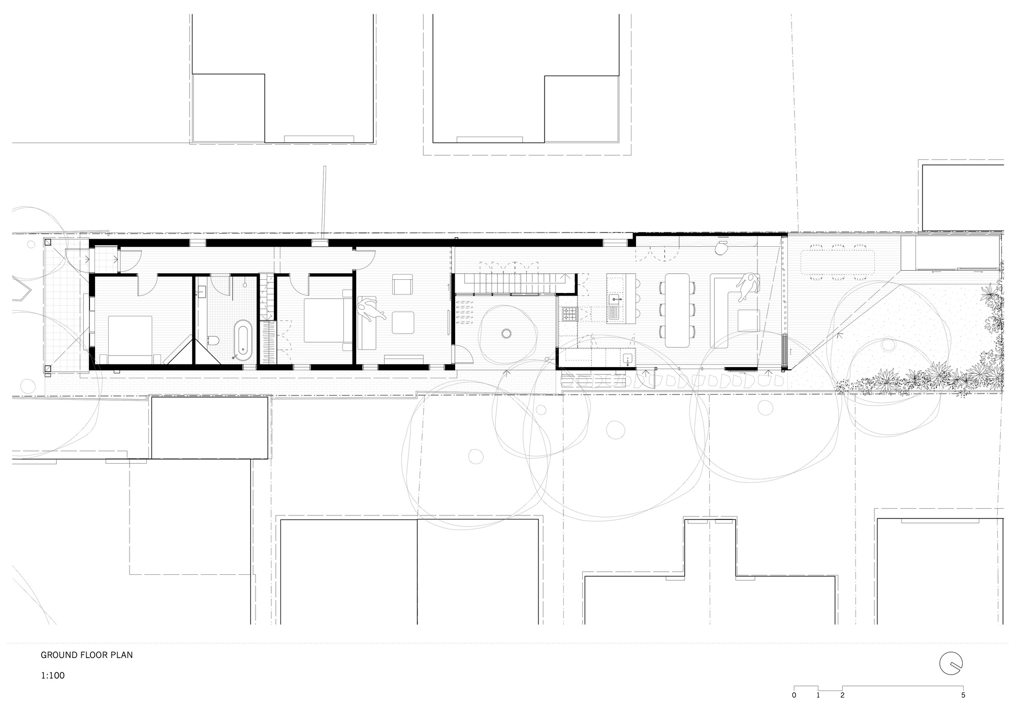 Ground floor plan drawing of a long narrow house, showing bedrooms, bathroom, living areas, kitchen and garden among neighbouring plots