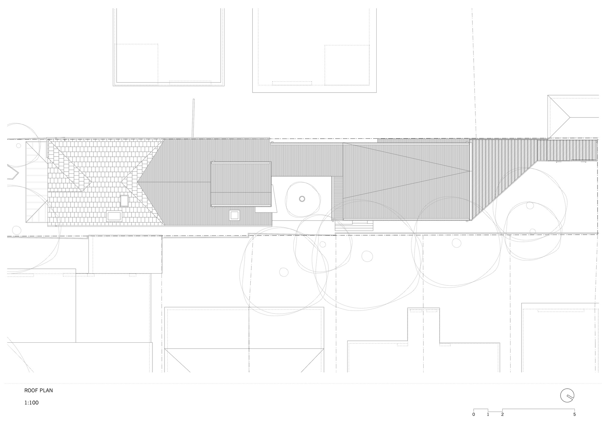 Roof plan drawing showing tiled and ribbed pitched roof surfaces over a long narrow plot, with tree canopies and neighbouring houses