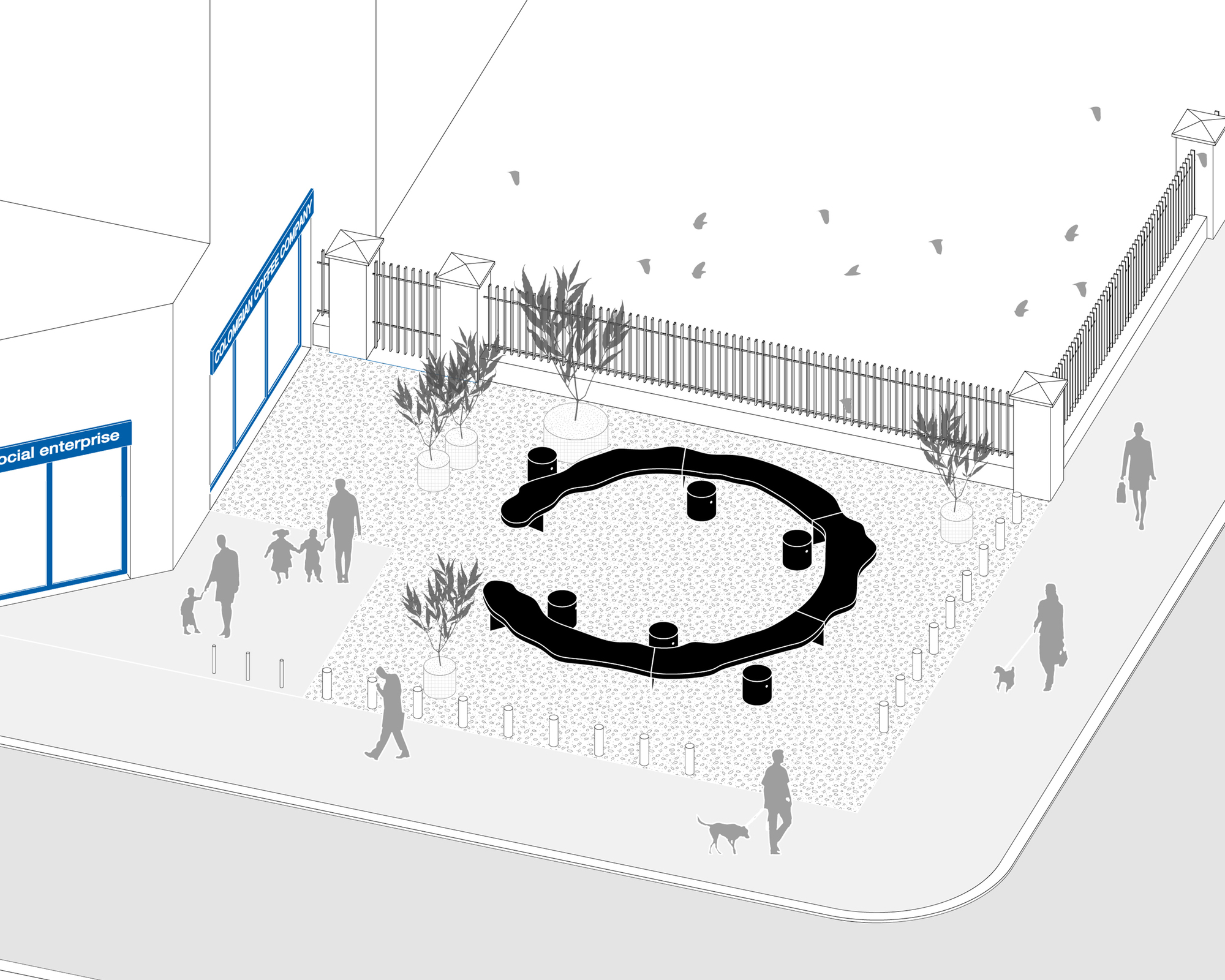 Axonometric drawing of the street corner plaza showing the broken ring bench, stools, planters, fence and pedestrians with dogs