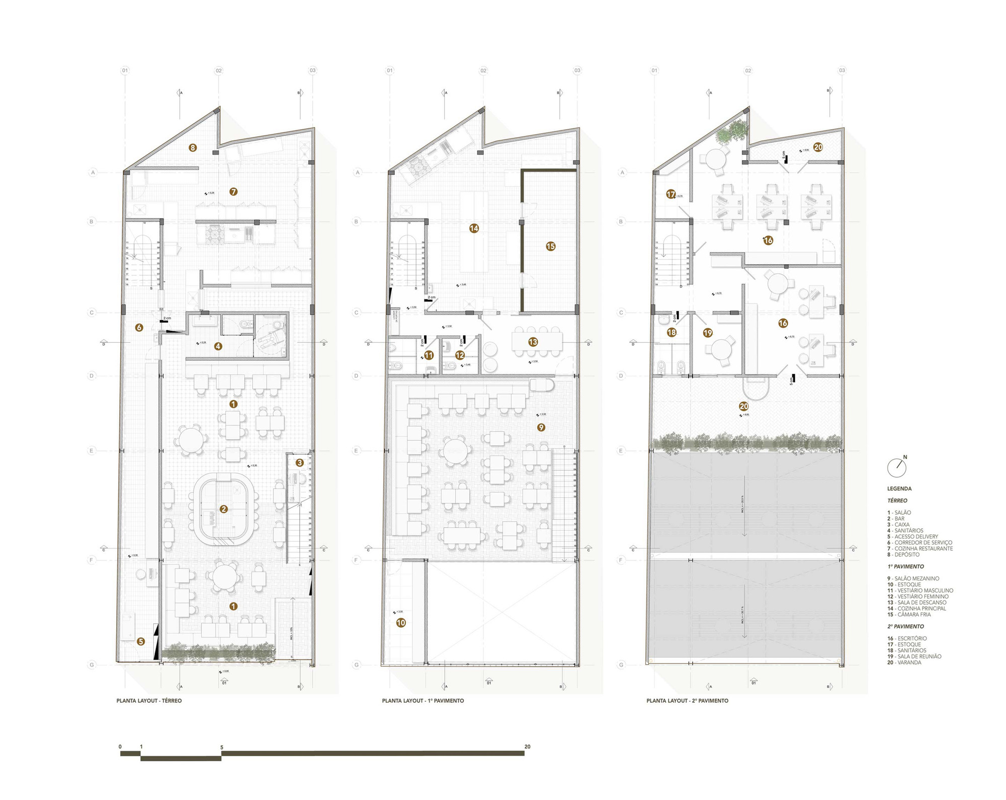 Three floor plan drawings showing ground, first and second levels, with dining rooms, kitchen, service areas, offices and an open terrace