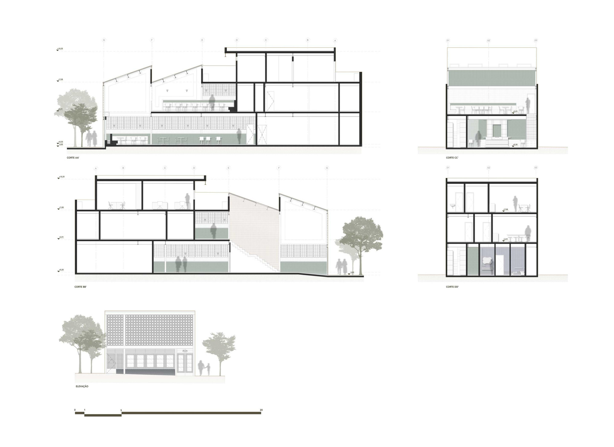 Sheet of section drawings and a front elevation showing a multi-storey building with sloped roofs, a perforated block facade, and tree and figure silhouettes fo