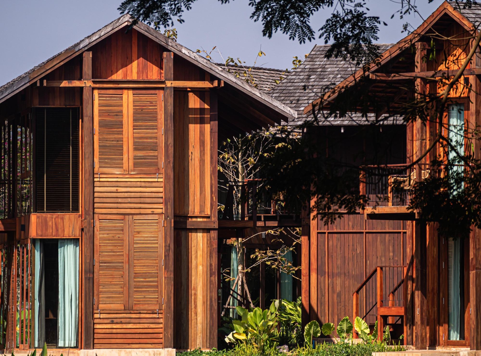 Close-up of timber facades with louvred shutters, vertical board cladding and an external stair, partly shaded by tree branches in late sun