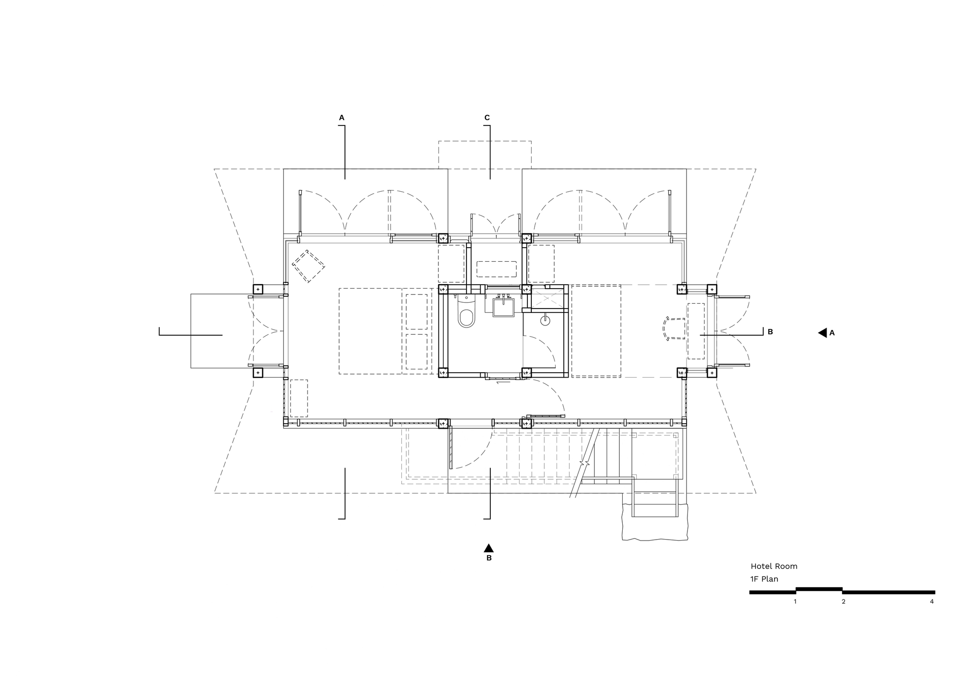 Ground floor plan drawing of a hotel room showing a central bathroom core, beds, arched door swings and an exterior stair