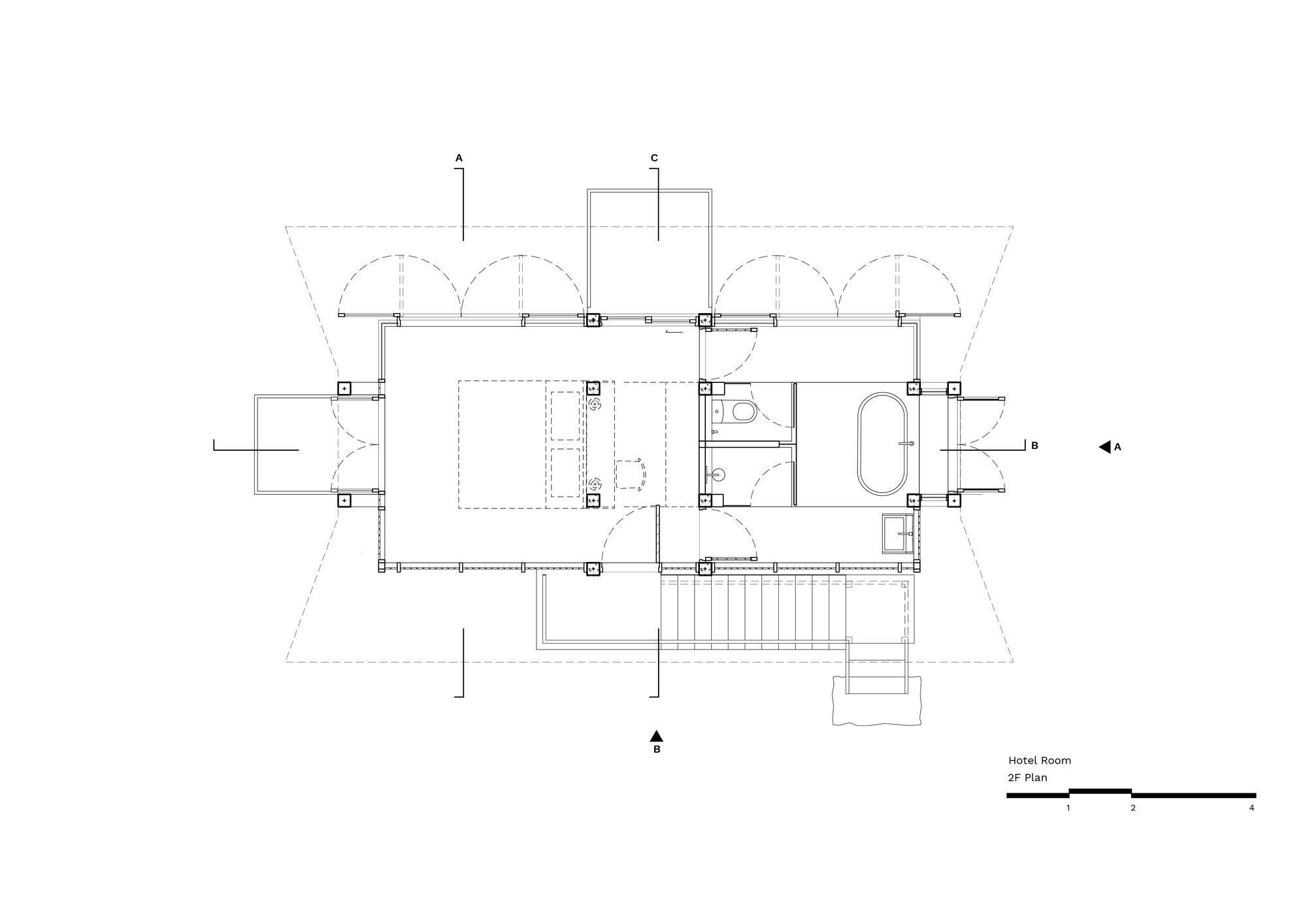 Upper floor plan drawing of a hotel room showing a bed, freestanding bathtub, bathroom cubicles, door swings and an entry stair