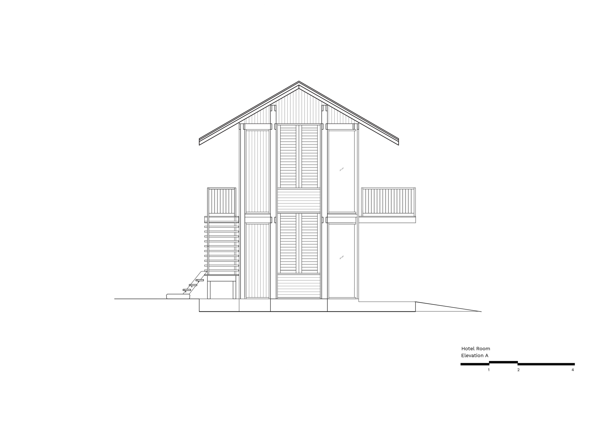Elevation drawing of the gabled end of a two-storey timber hotel room, showing louvred central panels, side balconies and an exterior stair