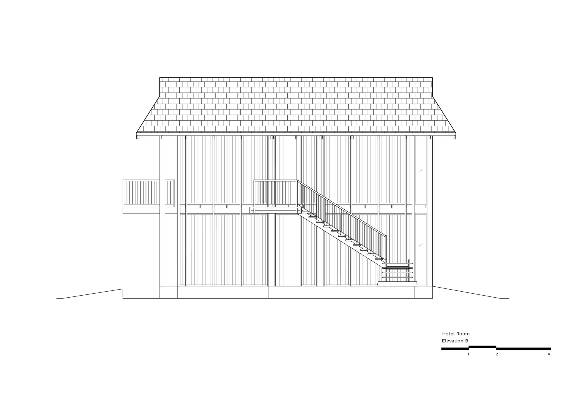 Elevation drawing of the long side of a timber hotel room, with shingled hip roof, vertical slat walls and a diagonal exterior staircase