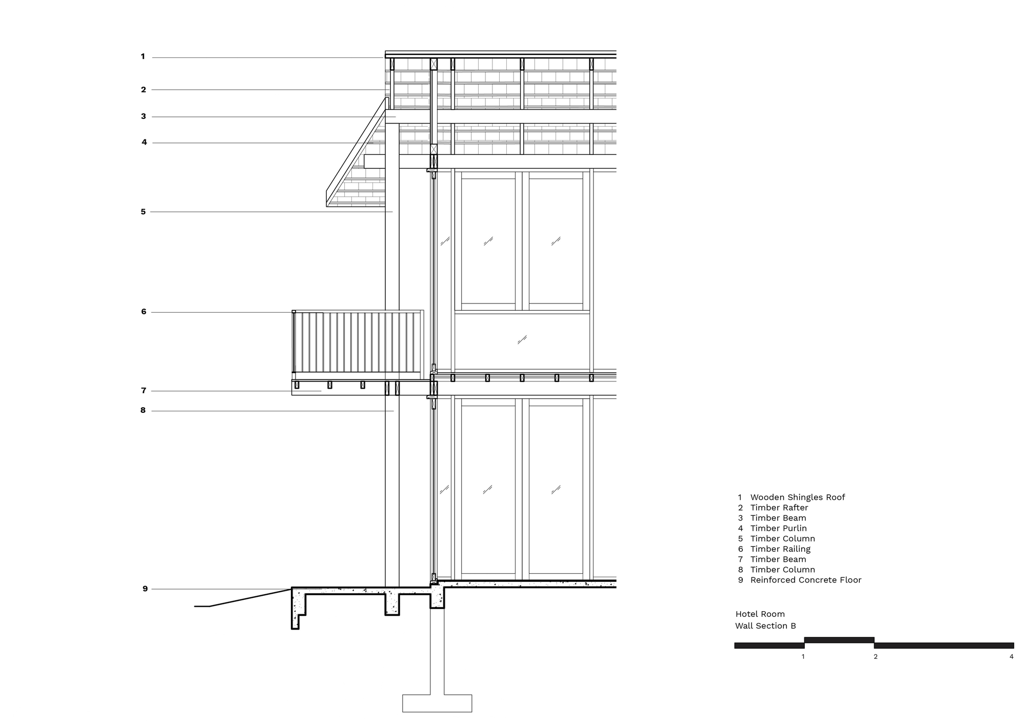 Annotated wall section drawing showing shingled roof, timber rafters, purlins, columns, balcony railing and reinforced concrete floor on a single footing