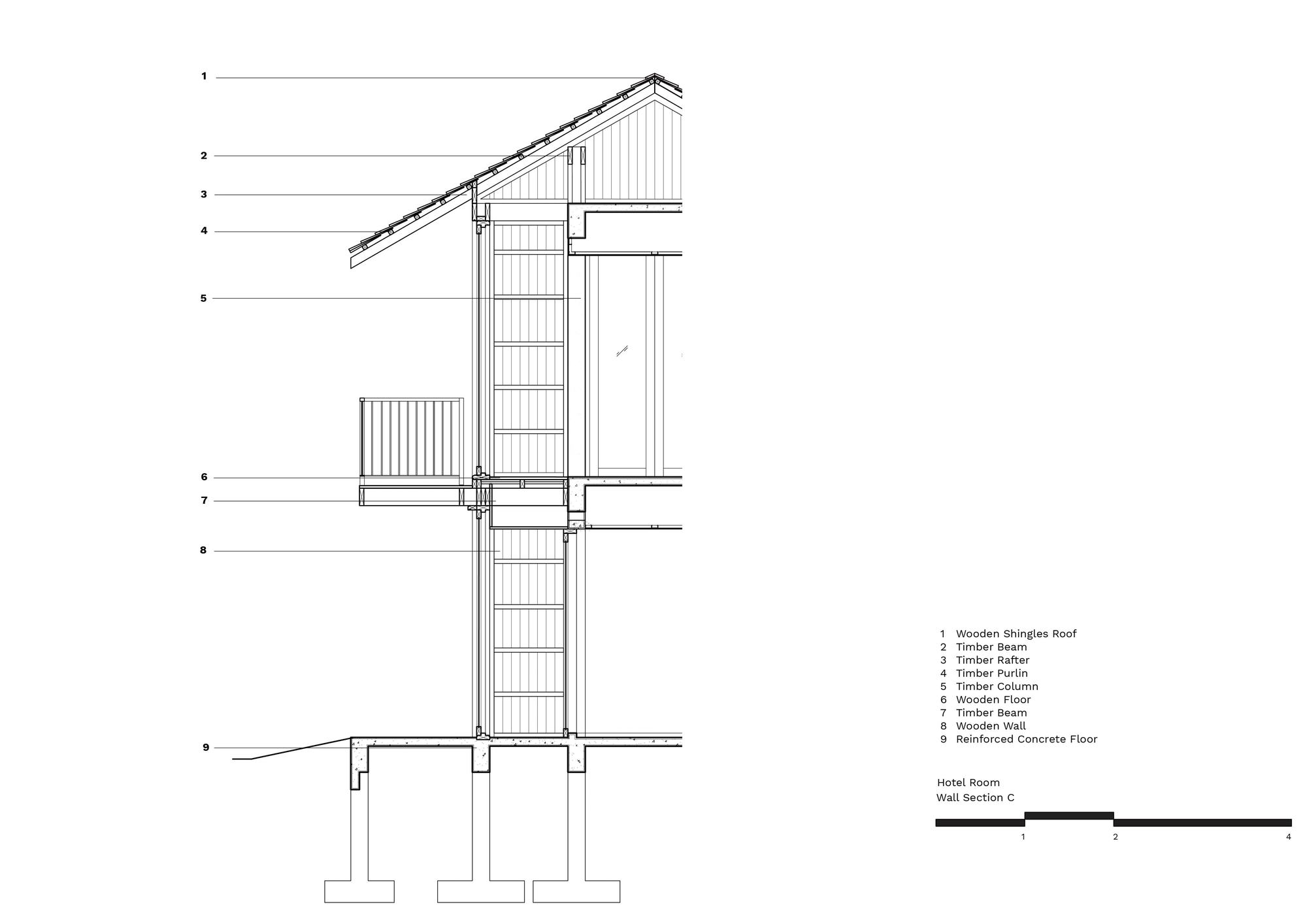 Annotated wall section drawing of the gabled side, showing roof layers, timber columns and beams, balcony floor and concrete slab on footings
