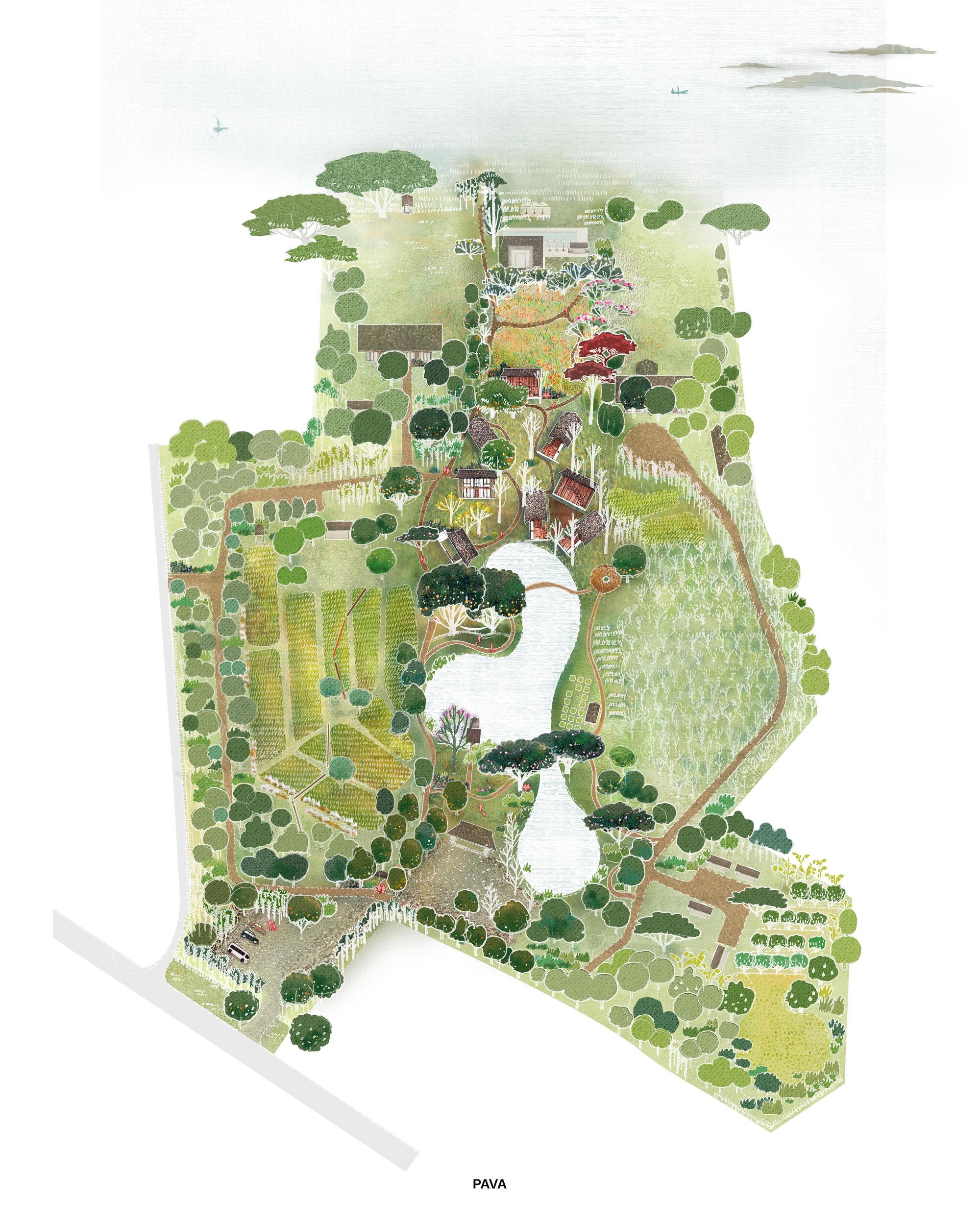 Illustrated site plan drawing showing a pond, planted terraces, winding paths and scattered small buildings among dense tree canopy beside a misty shoreline
