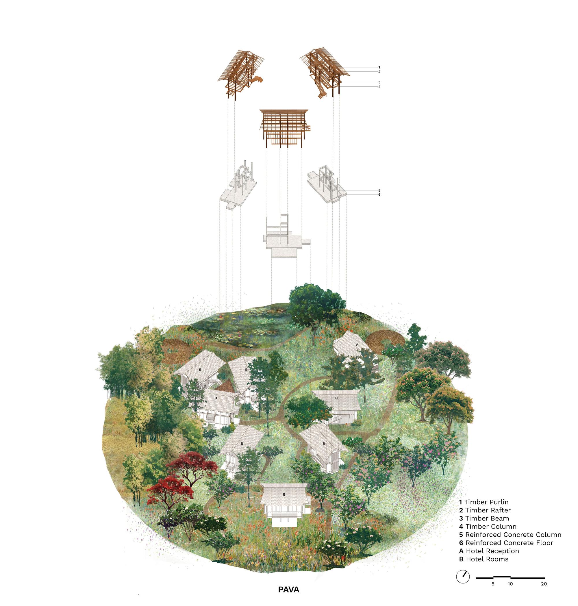 Exploded axonometric drawing separating timber roof frames and concrete structure from the guest cabins set among trees and meadow on a rounded landscape