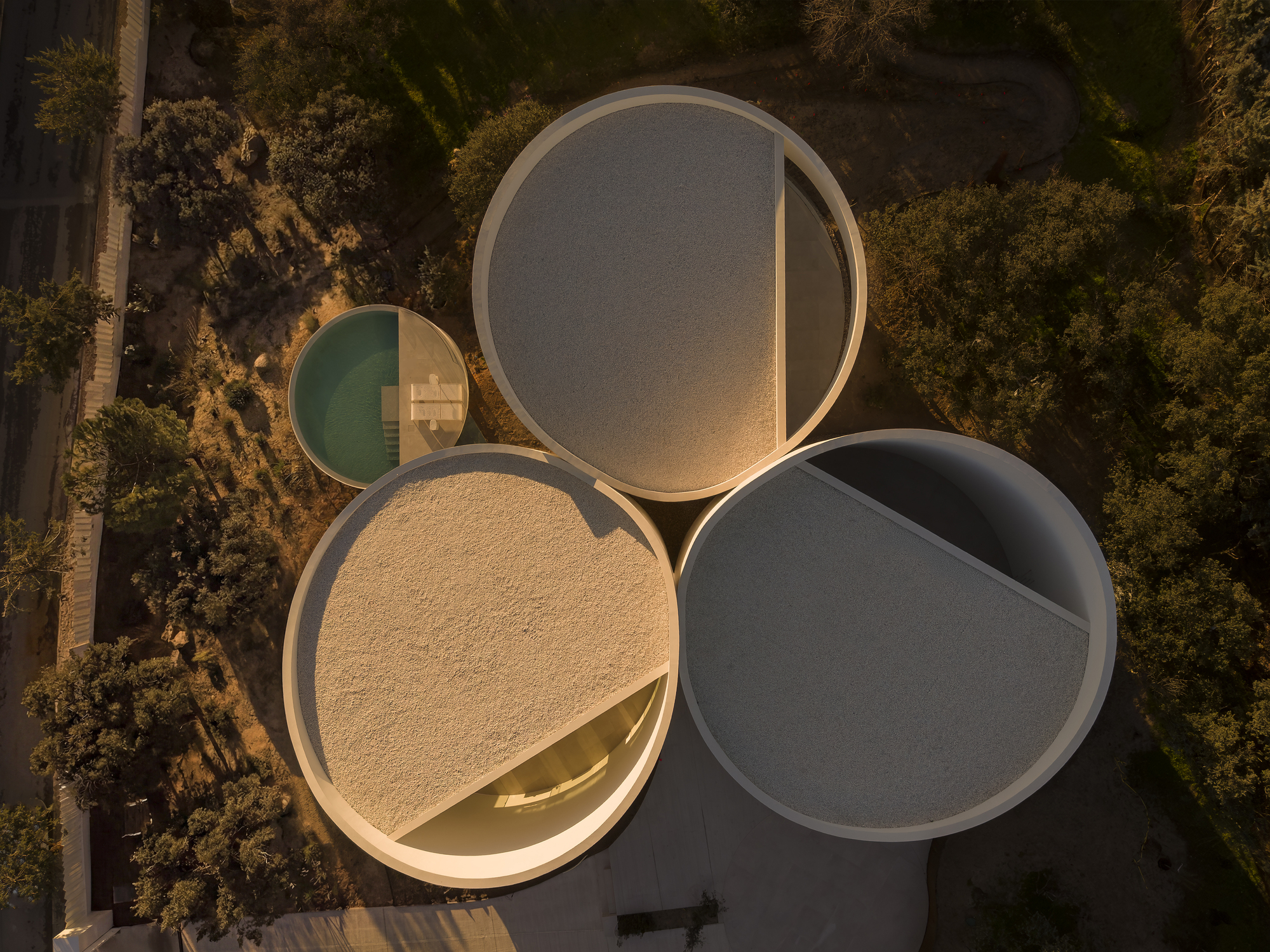 Aerial view of three circular gravel-topped roofs and a small round pool among oak trees in low golden light
