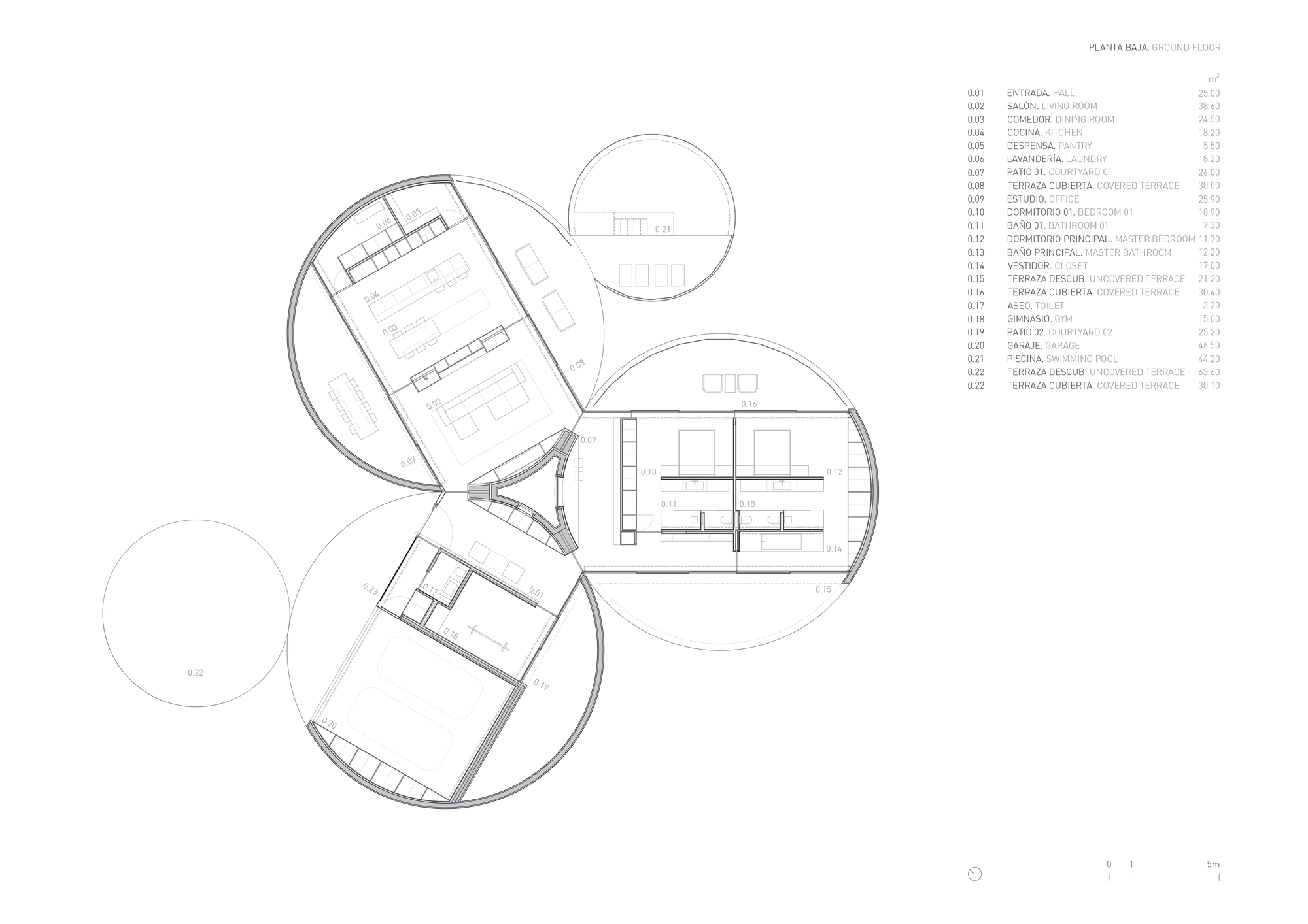 Ground floor plan drawing showing three circular volumes around a triangular core, with living, kitchen, bedroom and garage spaces labeled