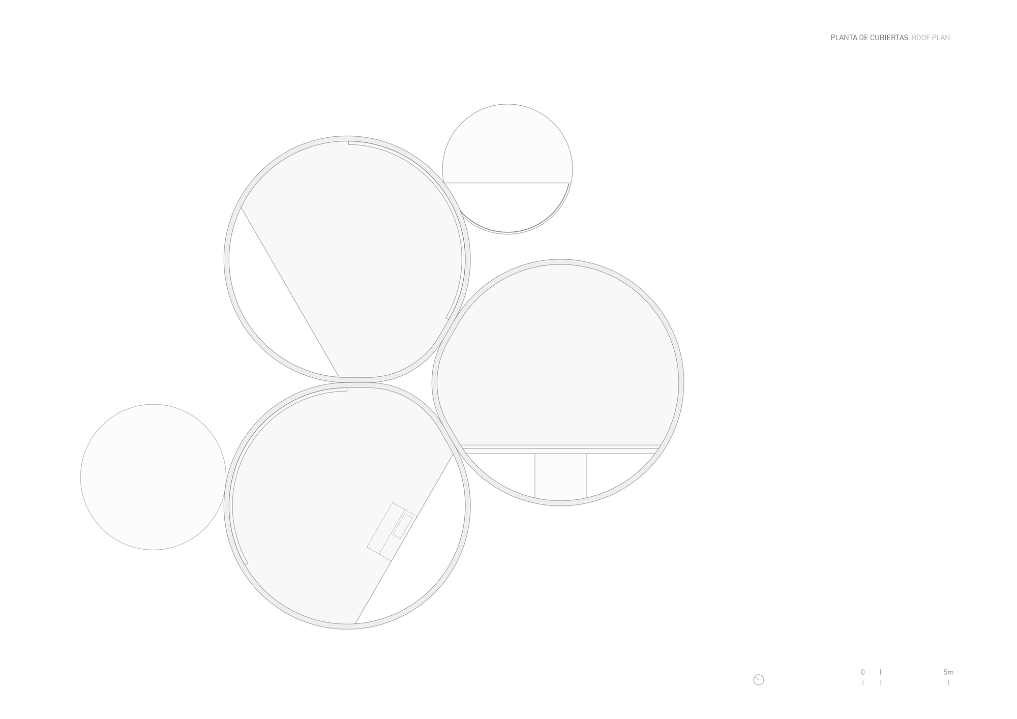 Roof plan drawing showing four overlapping circular roof outlines with diagonal cuts and a small skylight on one volume