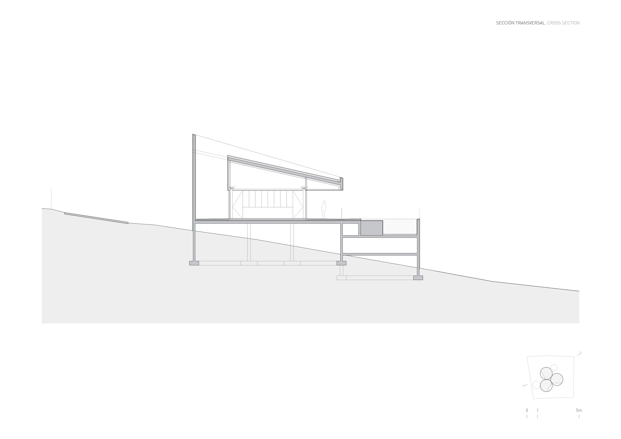 Cross section drawing of a stepped house on a sloping site, with a tilted roof plane above the upper floor and lower levels below