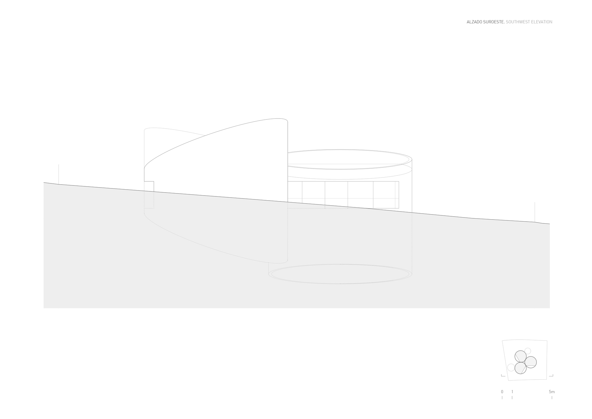 Southwest elevation drawing showing a slanted cylindrical volume and glazed drum partly sunk into a gently sloping hillside