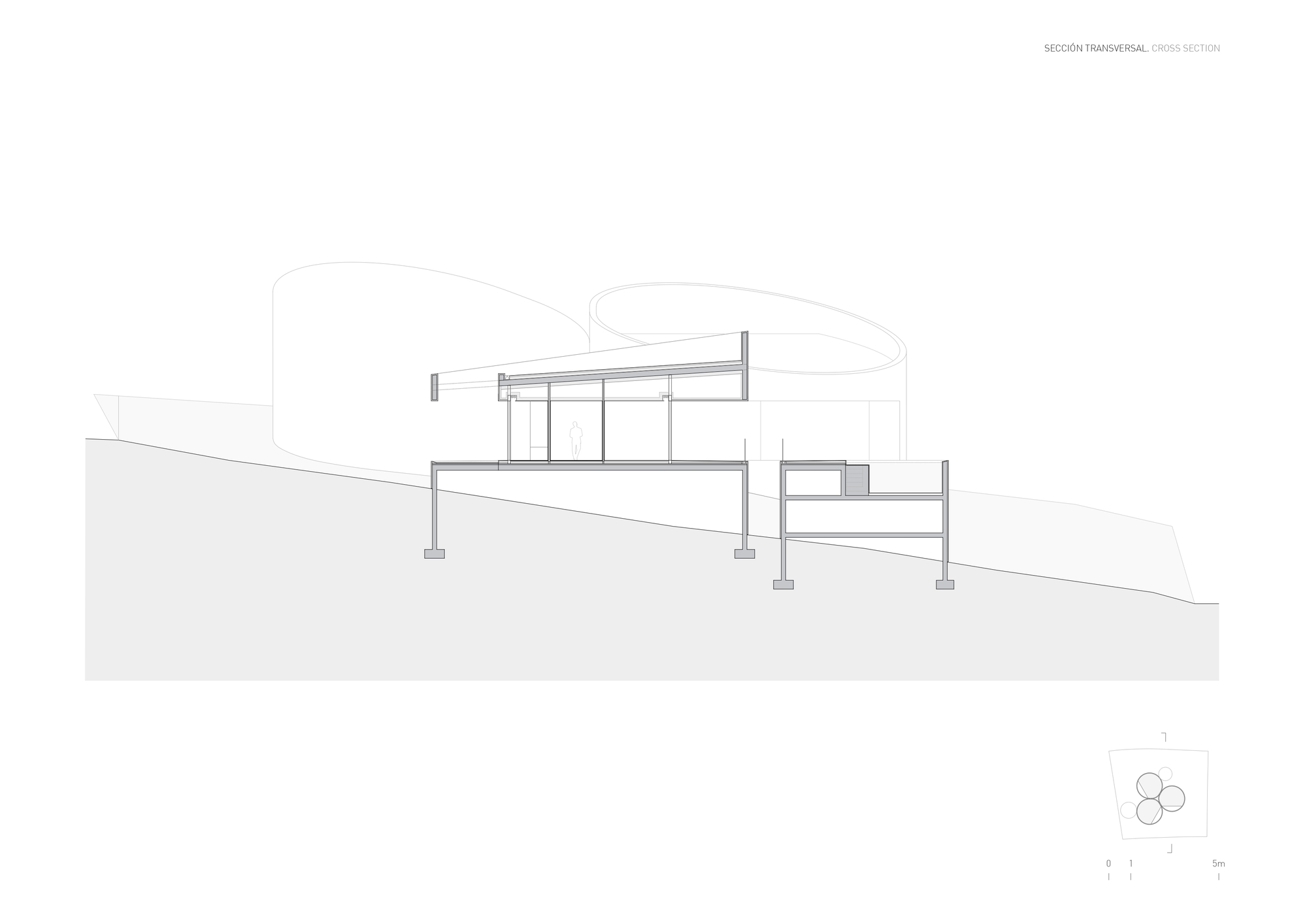 Cross section drawing of a glazed pavilion on a sloping site, with a lower block set on footings and cylindrical volumes behind