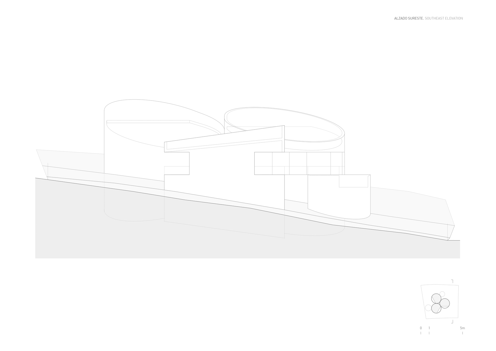 Southeast elevation drawing showing two cylindrical volumes and a slanted roof plane stepping down a hillside profile