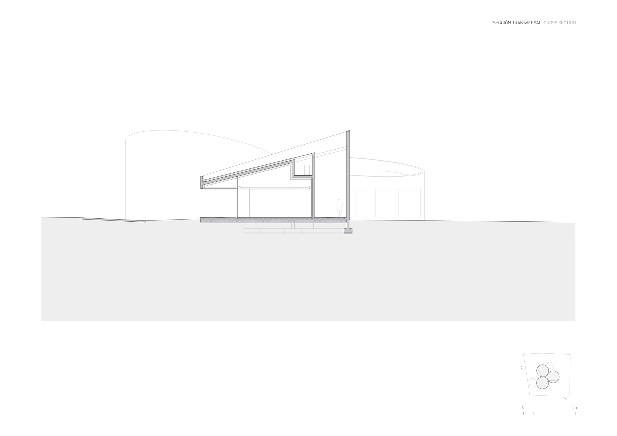 Cross section drawing of a pitched roof volume on level ground, with a human figure and a curved wall beyond