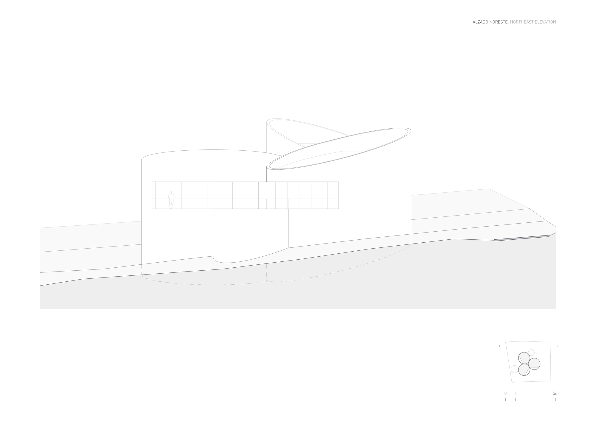Northeast elevation drawing showing a long glazed band spanning between curved cylindrical volumes above a sloping ground line