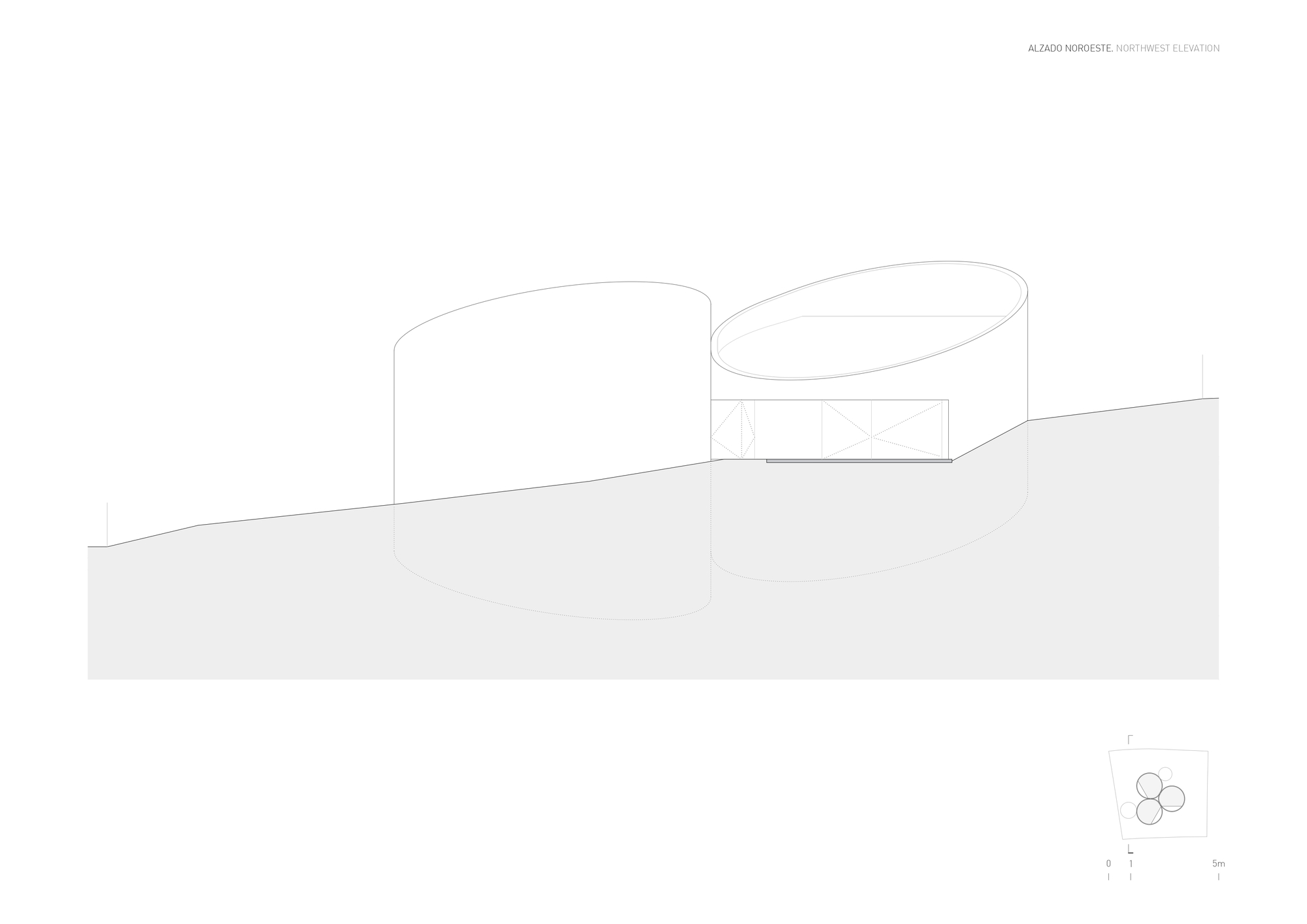 Northwest elevation drawing showing two cylindrical volumes with an elliptical rim and a glazed opening between them on a rising slope
