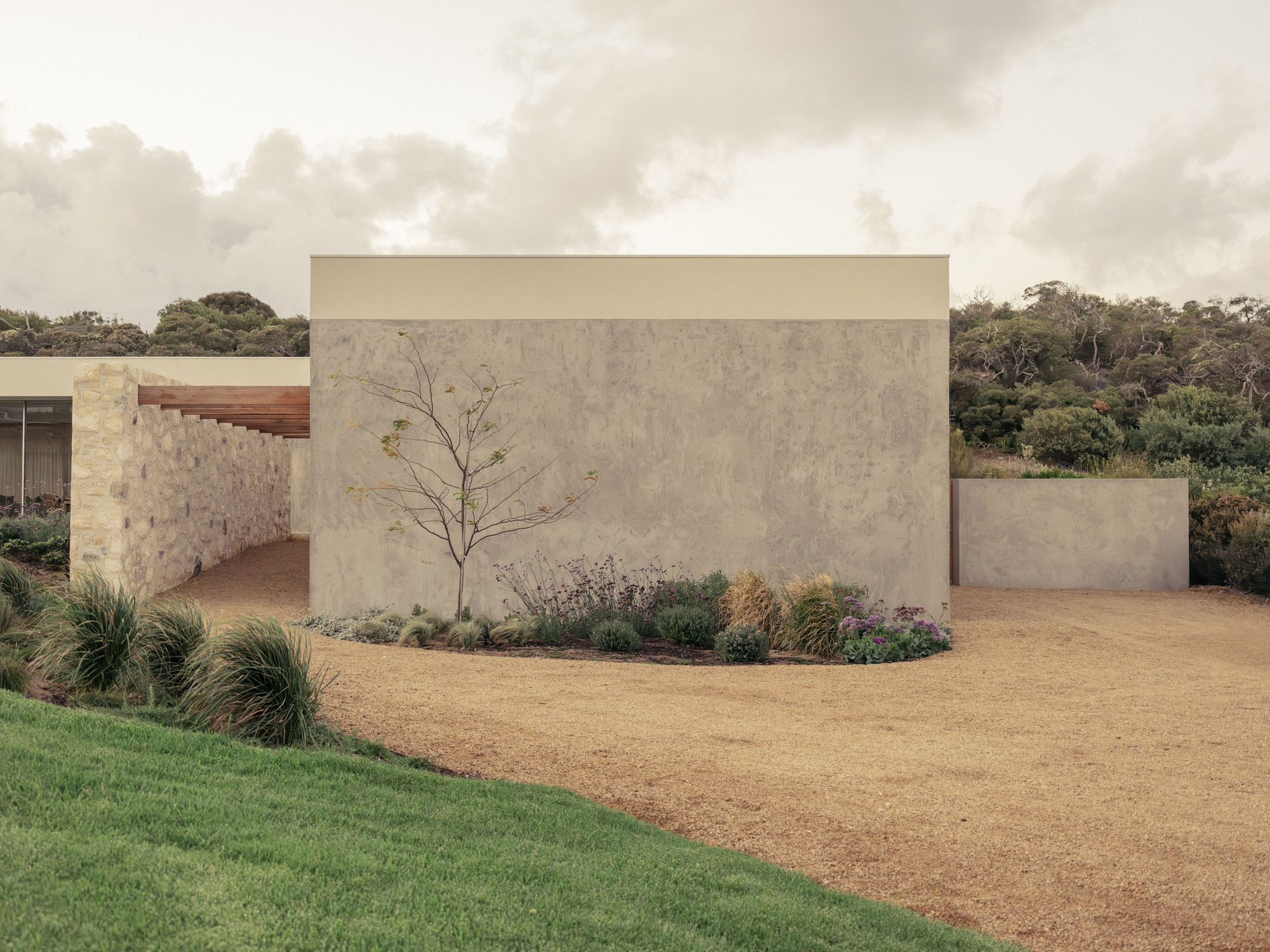Rough plastered concrete wall beside a rubble stone wall and timber canopy, with a bare sapling and grasses over gravel