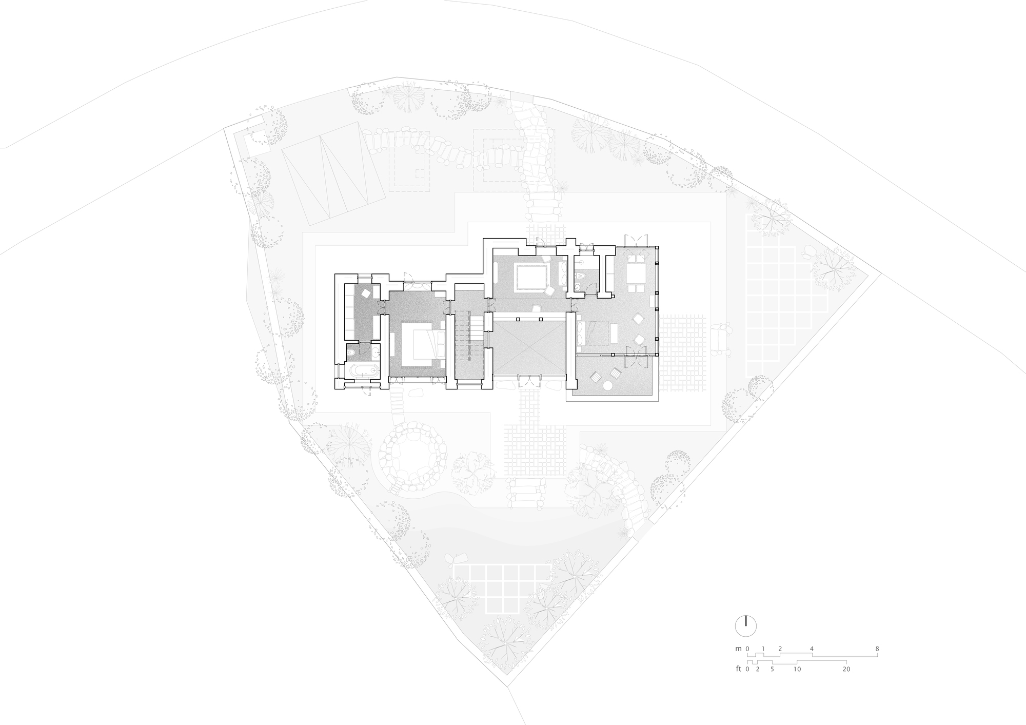 Upper floor plan drawing showing bedrooms along a corridor, a stair and a roof terrace within the same wedge-shaped garden plot