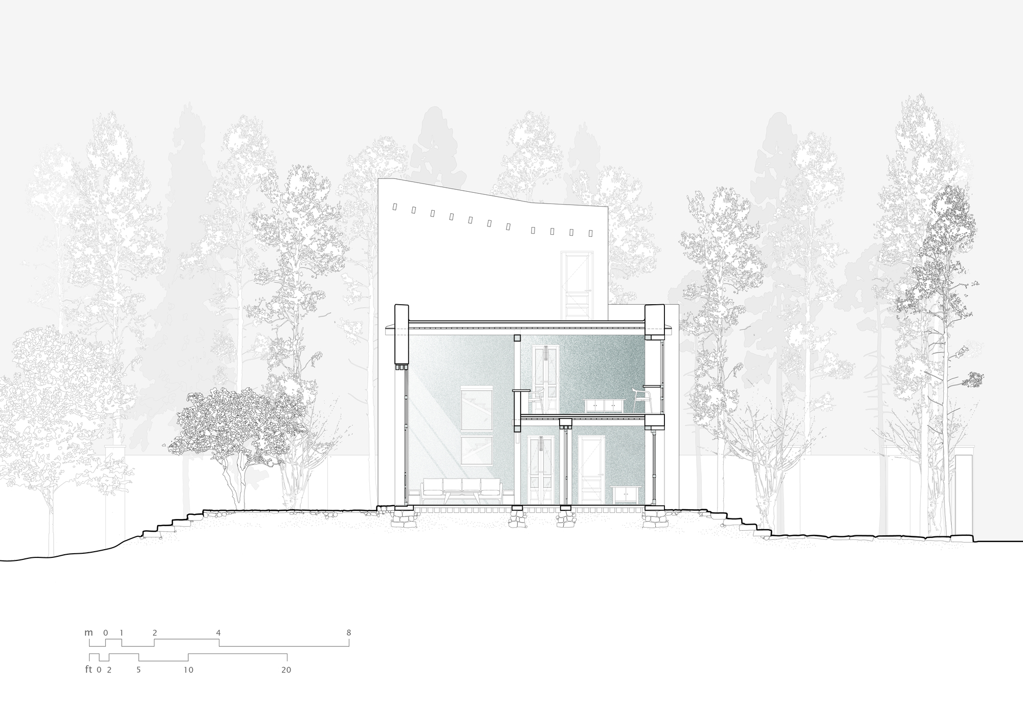Building section drawing of a two-storey house with a tall curved wall, set against a backdrop of tall pine trees