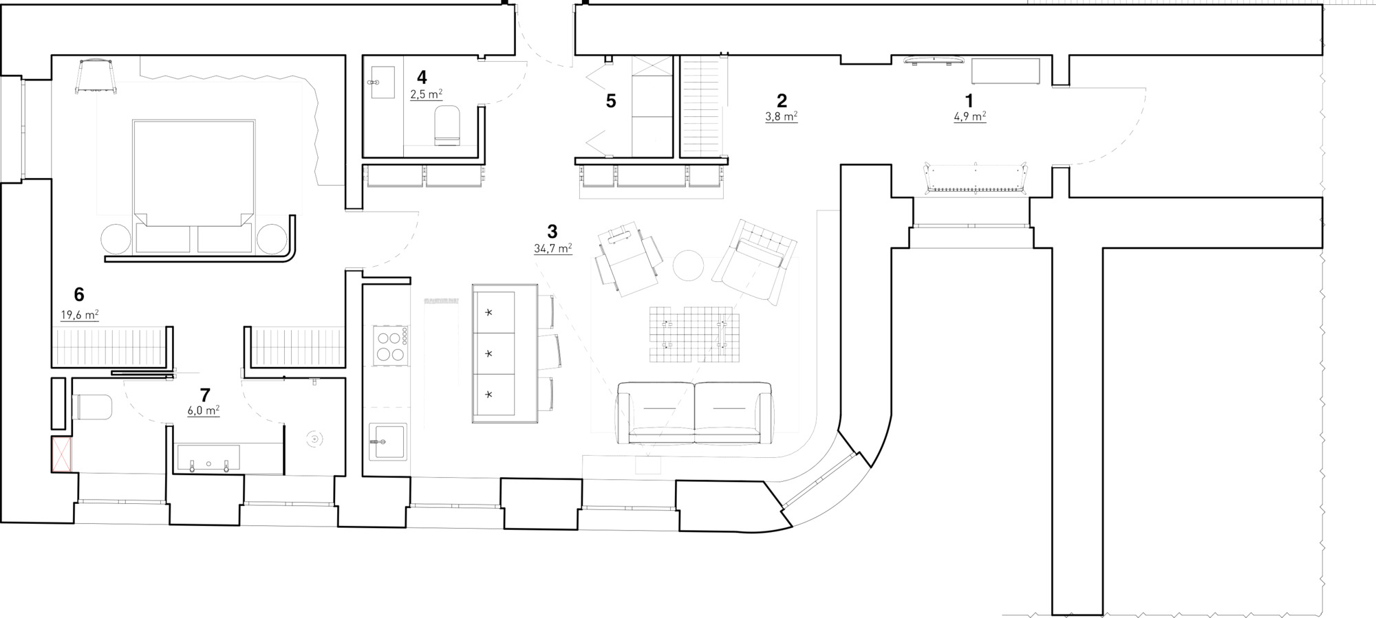 Floor plan drawing of an apartment with a bedroom, central living and kitchen area, bathrooms and entry, with room areas labeled