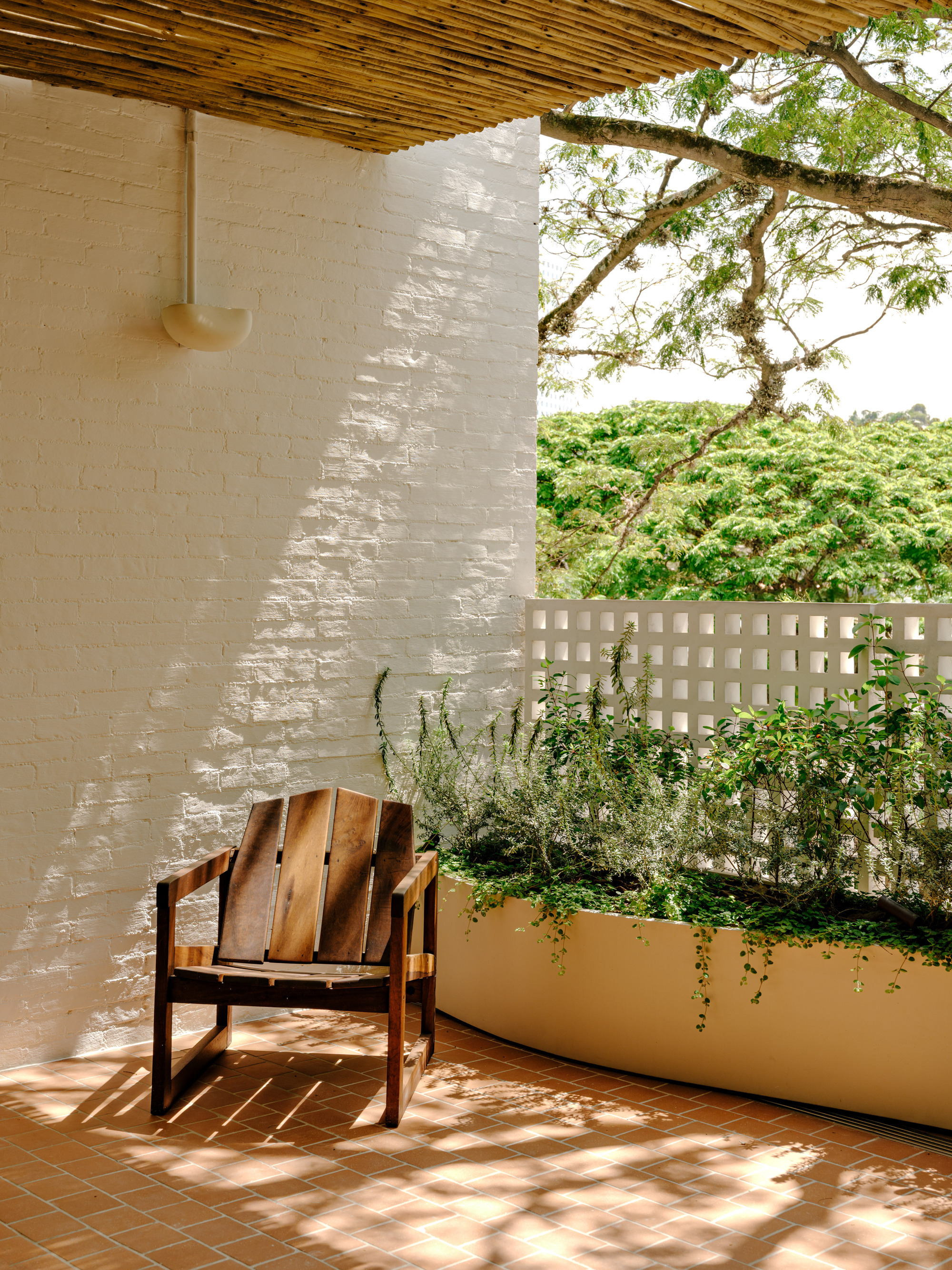 Timber lounge chair on a terracotta tile terrace beside a painted brick wall, with leaf shadows and a curved planter bed