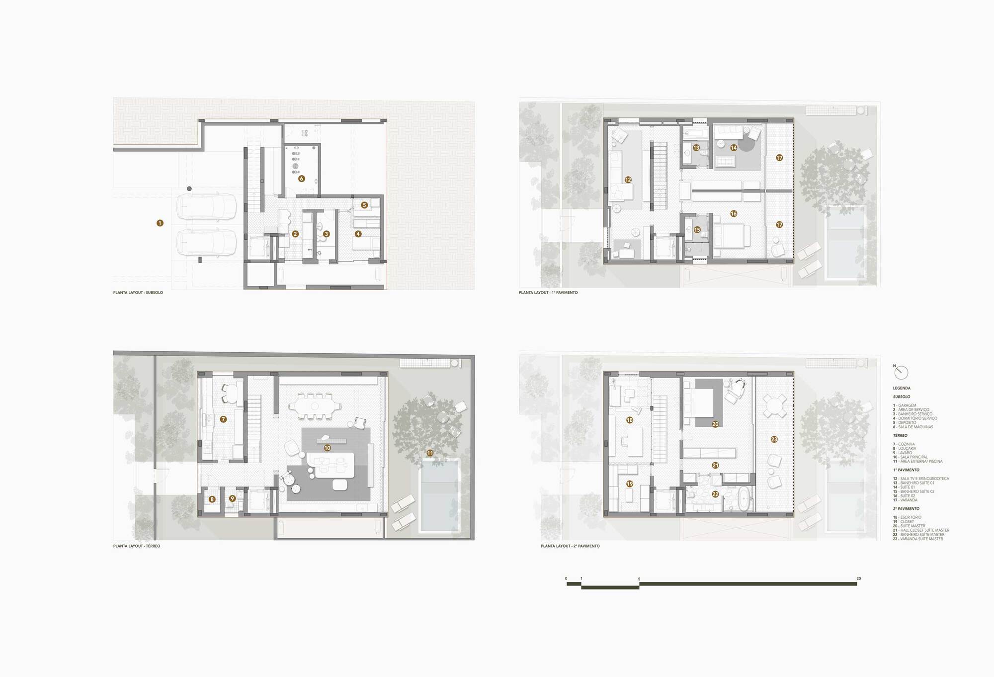 Four floor plan drawings of a house, from basement garage to upper bedroom level, with furniture, a pool and a tree in the garden