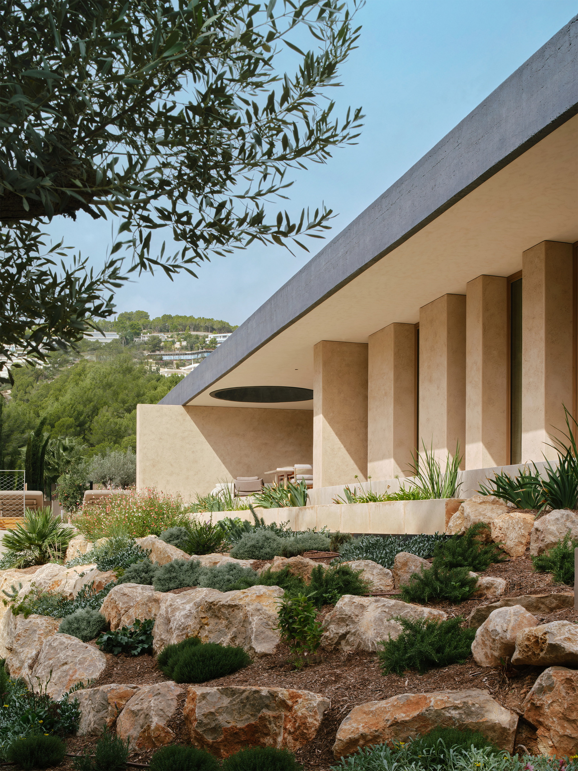 Row of stone piers under the roof overhang behind a boulder-edged garden bed, with an olive branch in the foreground