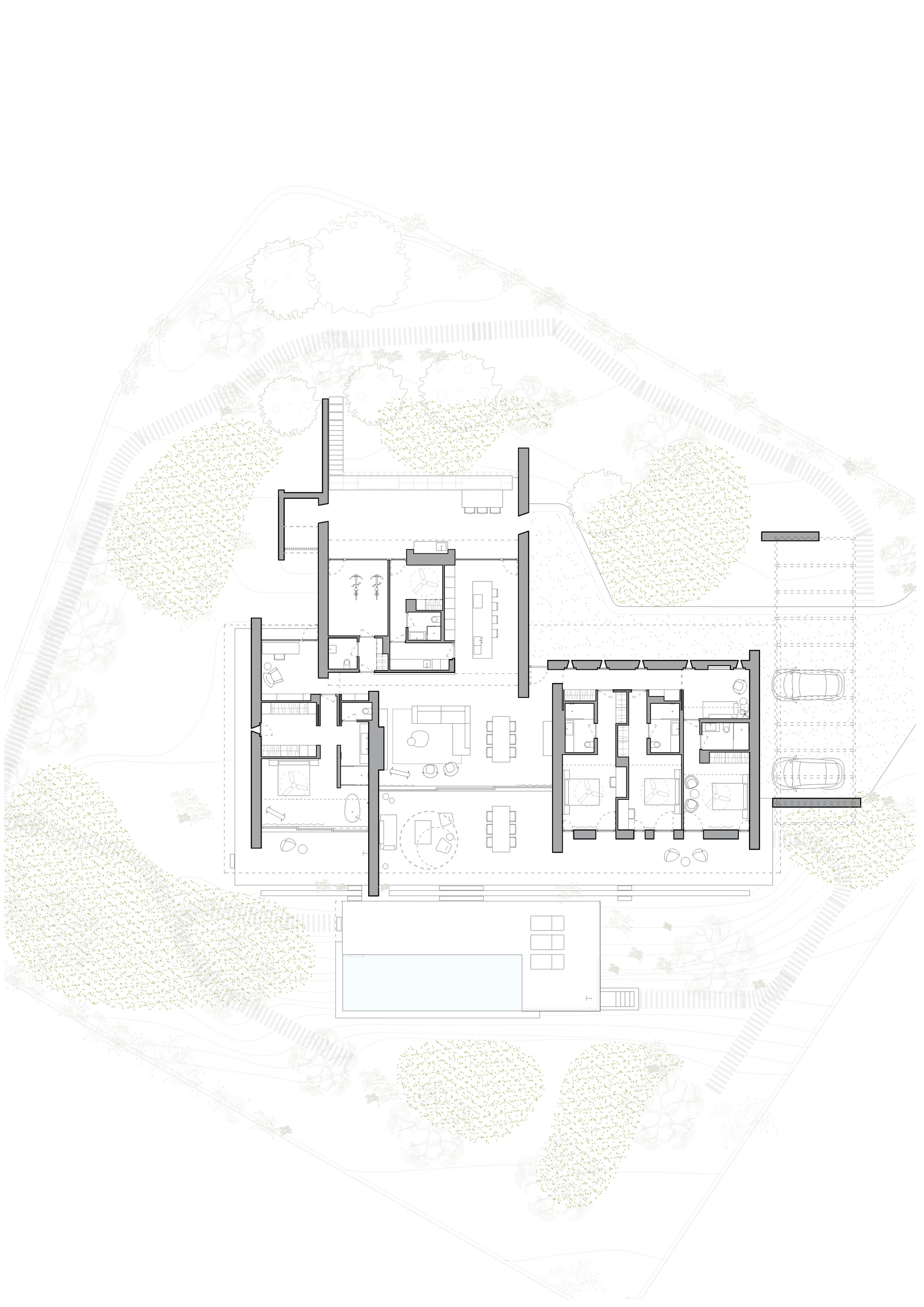 Floor plan drawing of a single-storey house with thick walls, bedroom wing, living area, pool and parking among planted grounds
