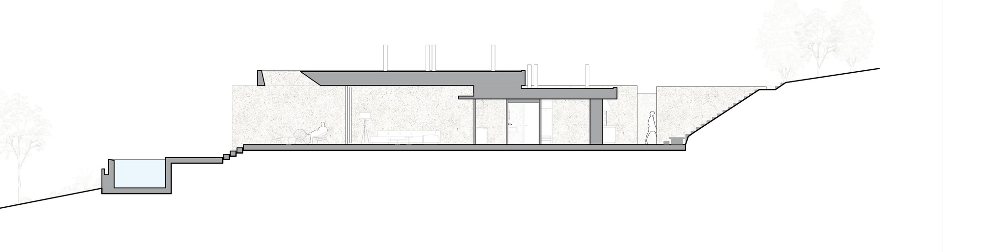 Section drawing showing a low house cut into a sloping site, with a flat roof slab and a pool at the lower level