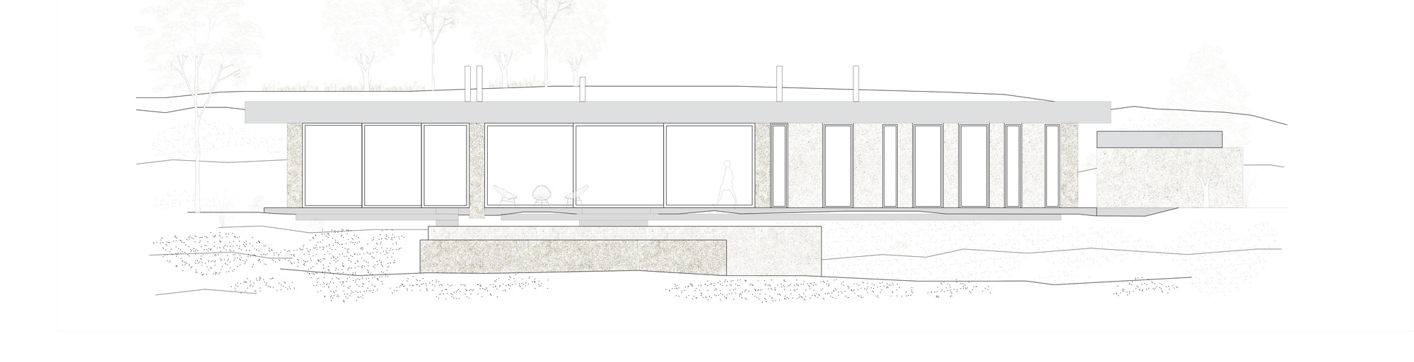Elevation drawing of a low, flat-roofed pavilion with glazed bays and stone-clad piers raised on a stone base, set among sketched trees