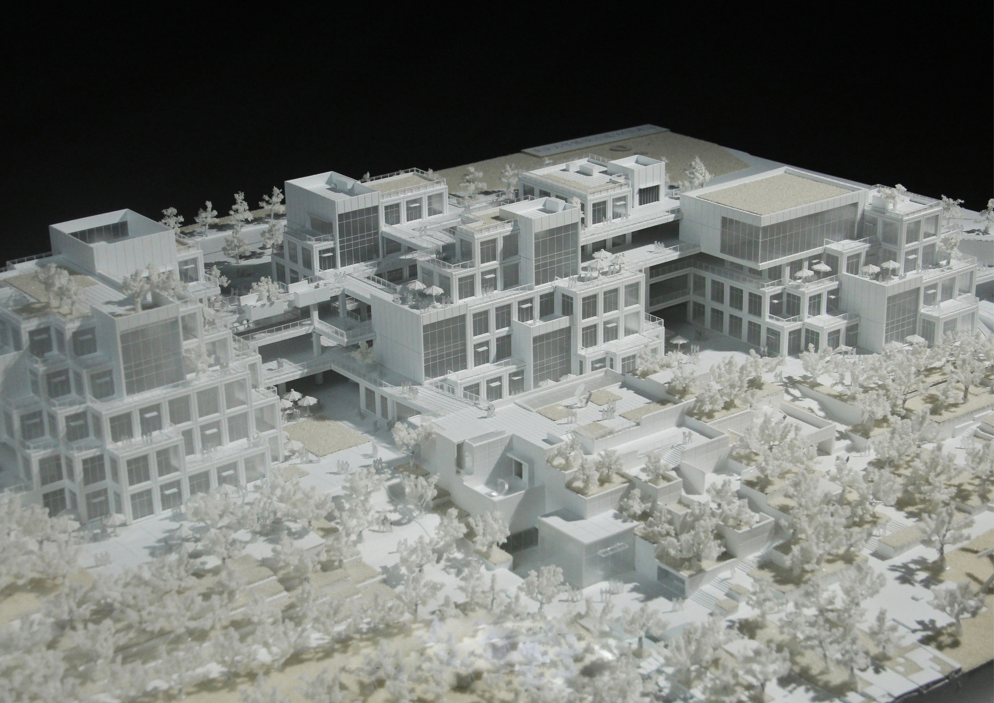 White physical model of terraced multi-storey blocks with balconies and rooftop gardens, surrounded by model trees against a black backdrop