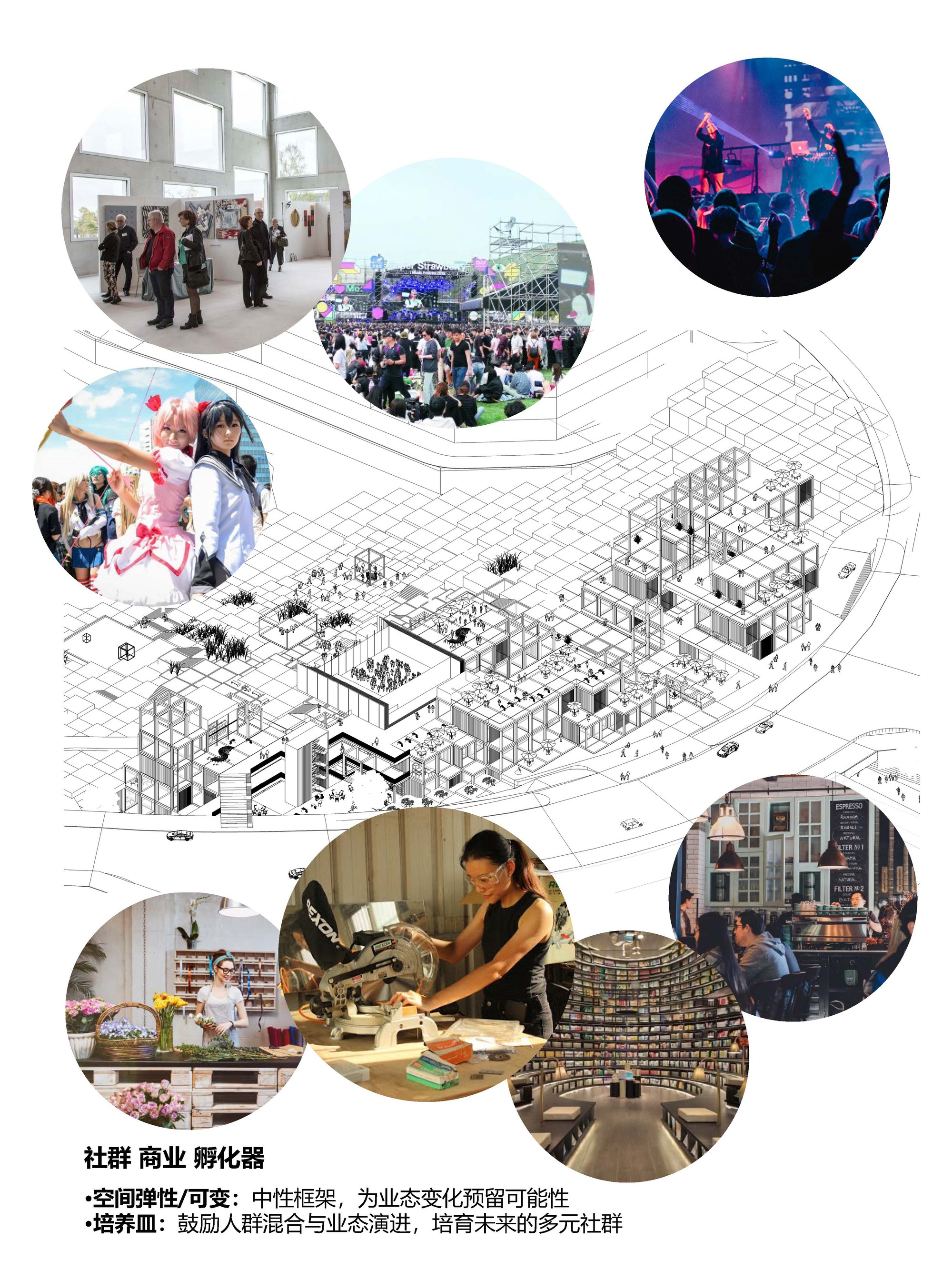 Axonometric drawing of a gridded framework of stacked units, surrounded by photos of a festival crowd, cosplayers, a workshop and a bookshop