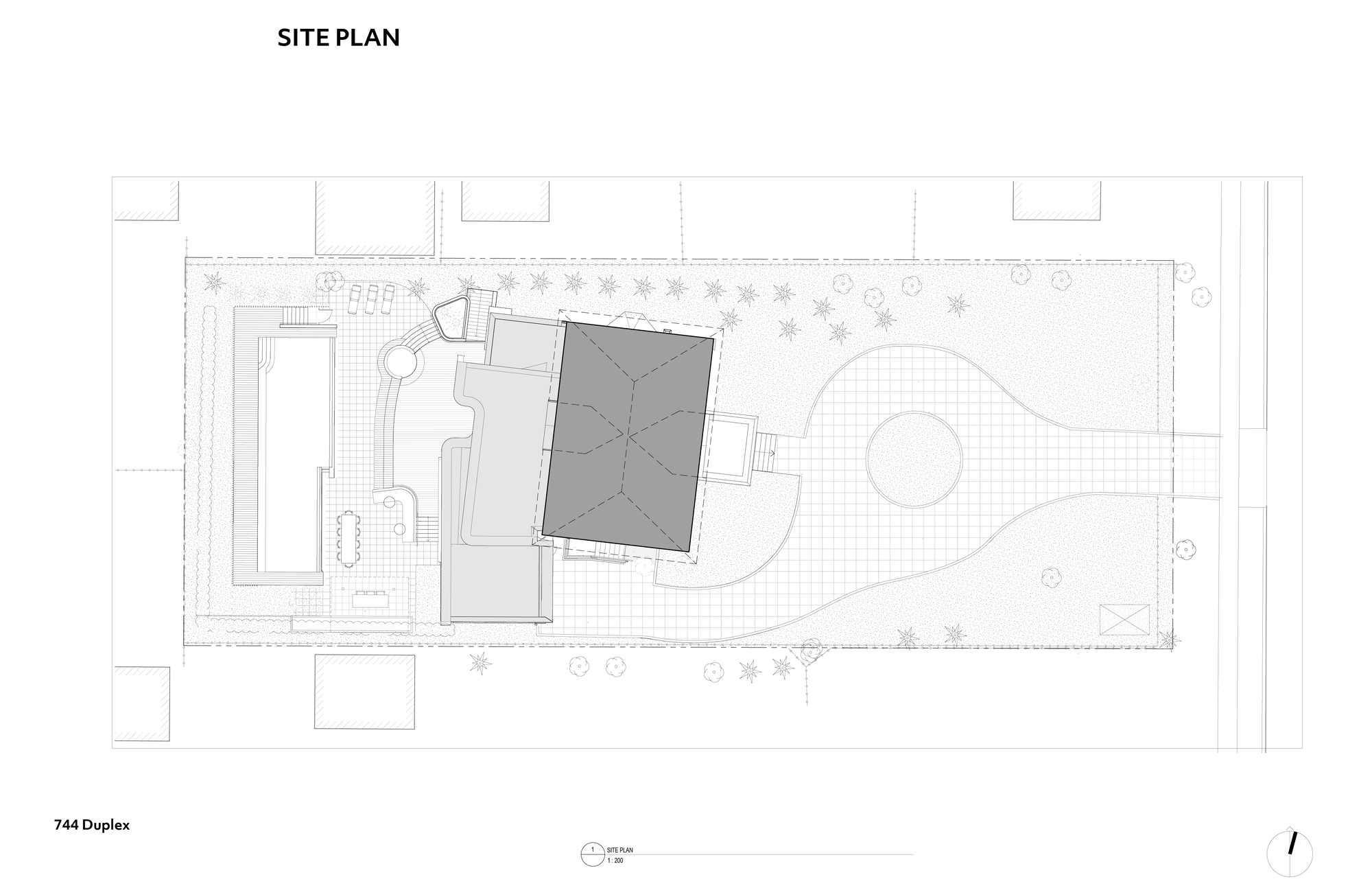 Site plan drawing showing a hip-roofed house at center, a rectangular pool to the left and a guitar-shaped lawn path to the right