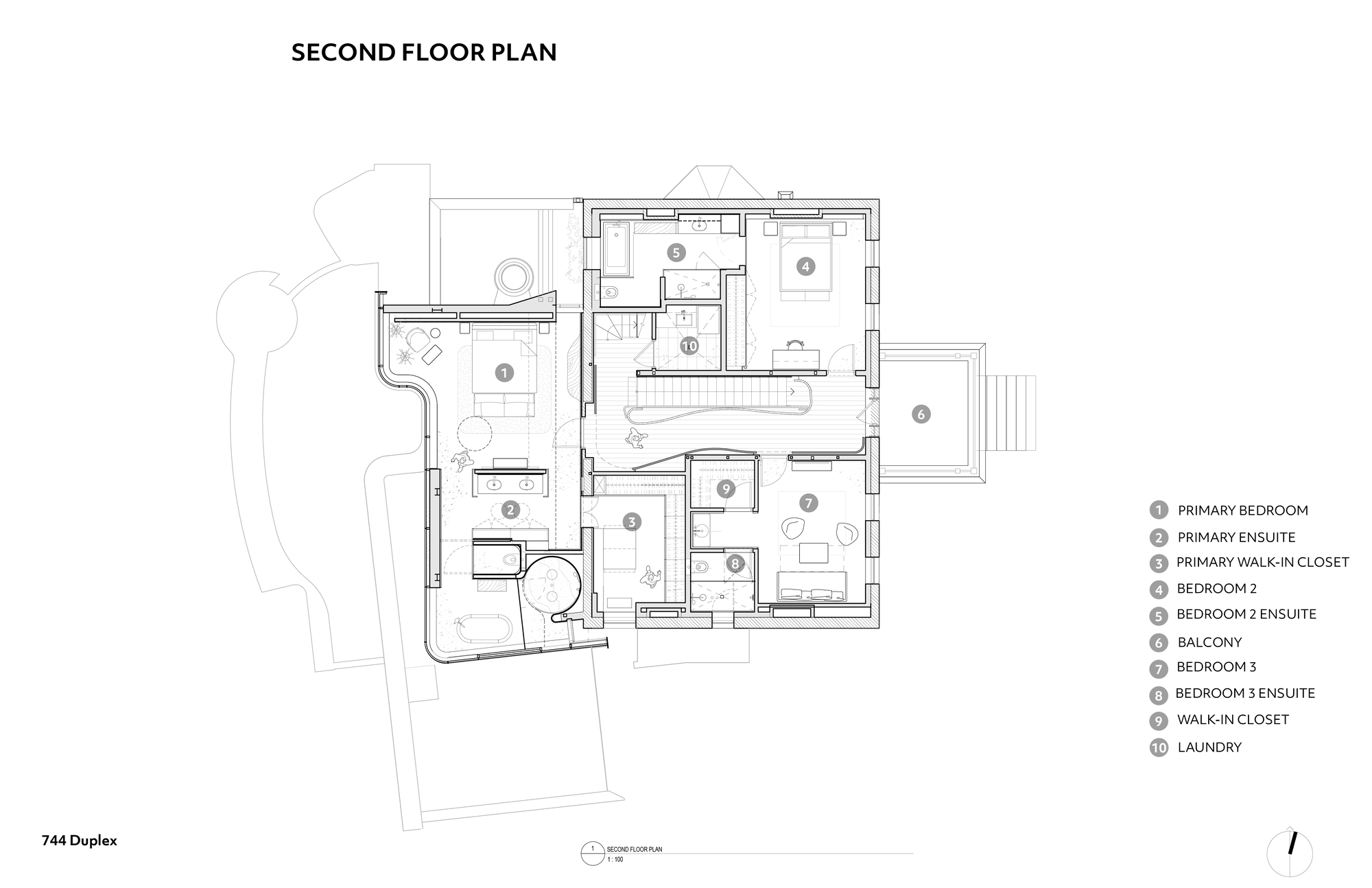 Second floor plan drawing showing primary suite with ensuite and closet, two further bedrooms, laundry and a front balcony arranged around a central stair hall
