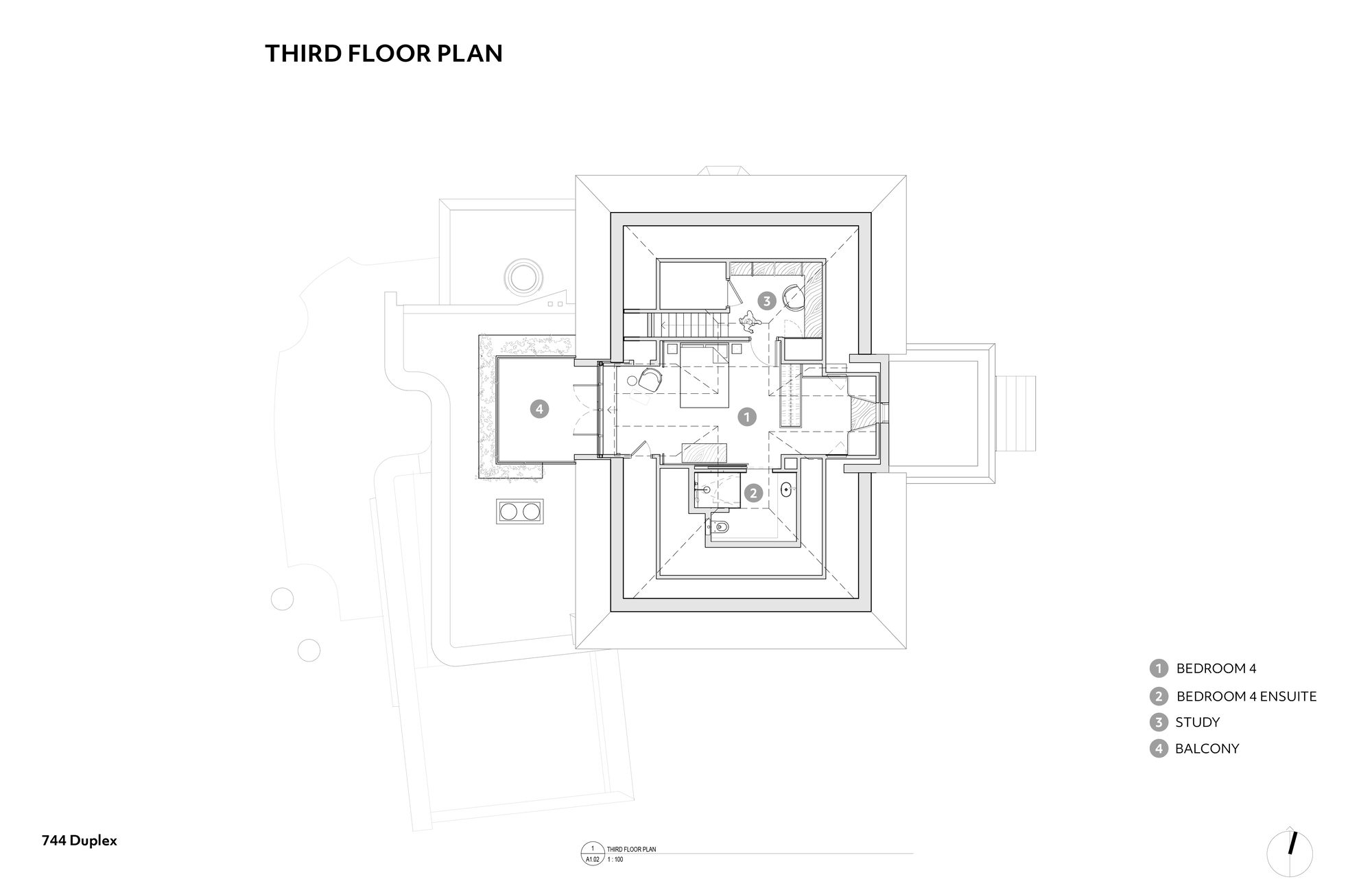 Third floor plan drawing of the attic level with a bedroom, ensuite, study and a small balcony projecting from the side of the hipped roof