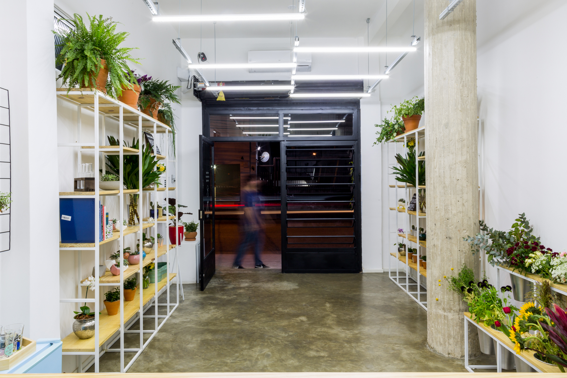 View toward the black steel entry door through shelves of potted ferns and cut flowers, a passerby blurred in motion