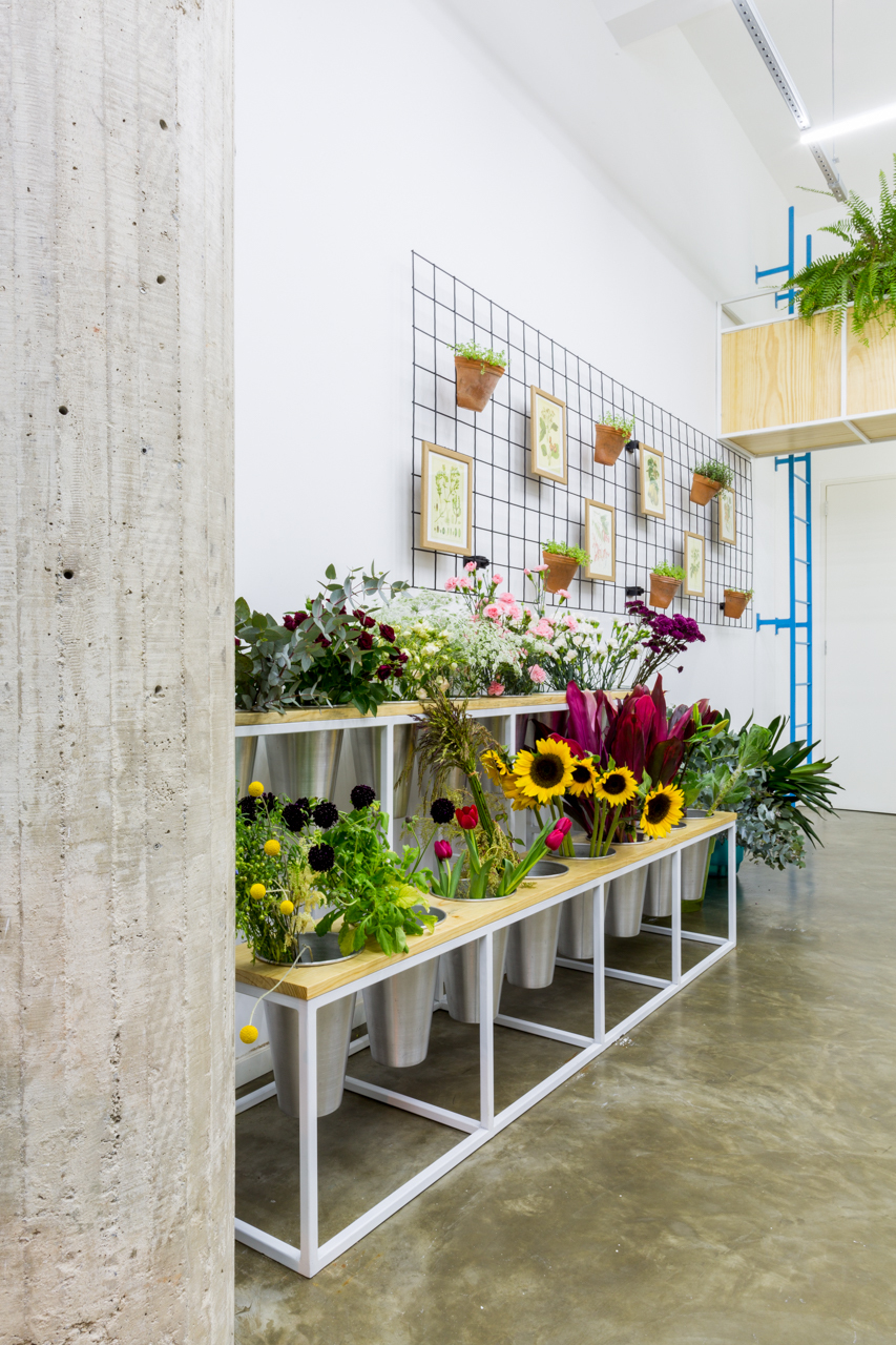 Tiered white steel display stand with sunflowers and cut flowers beside a board-marked concrete column and blue ladder
