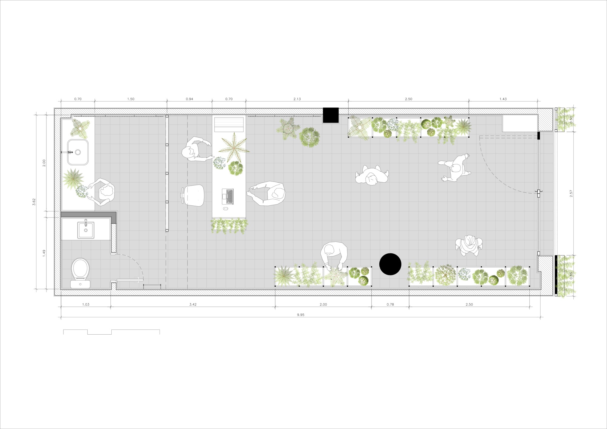 Floor plan drawing of a narrow rectangular shop showing planter beds, a central counter, people figures and a bathroom at the left end