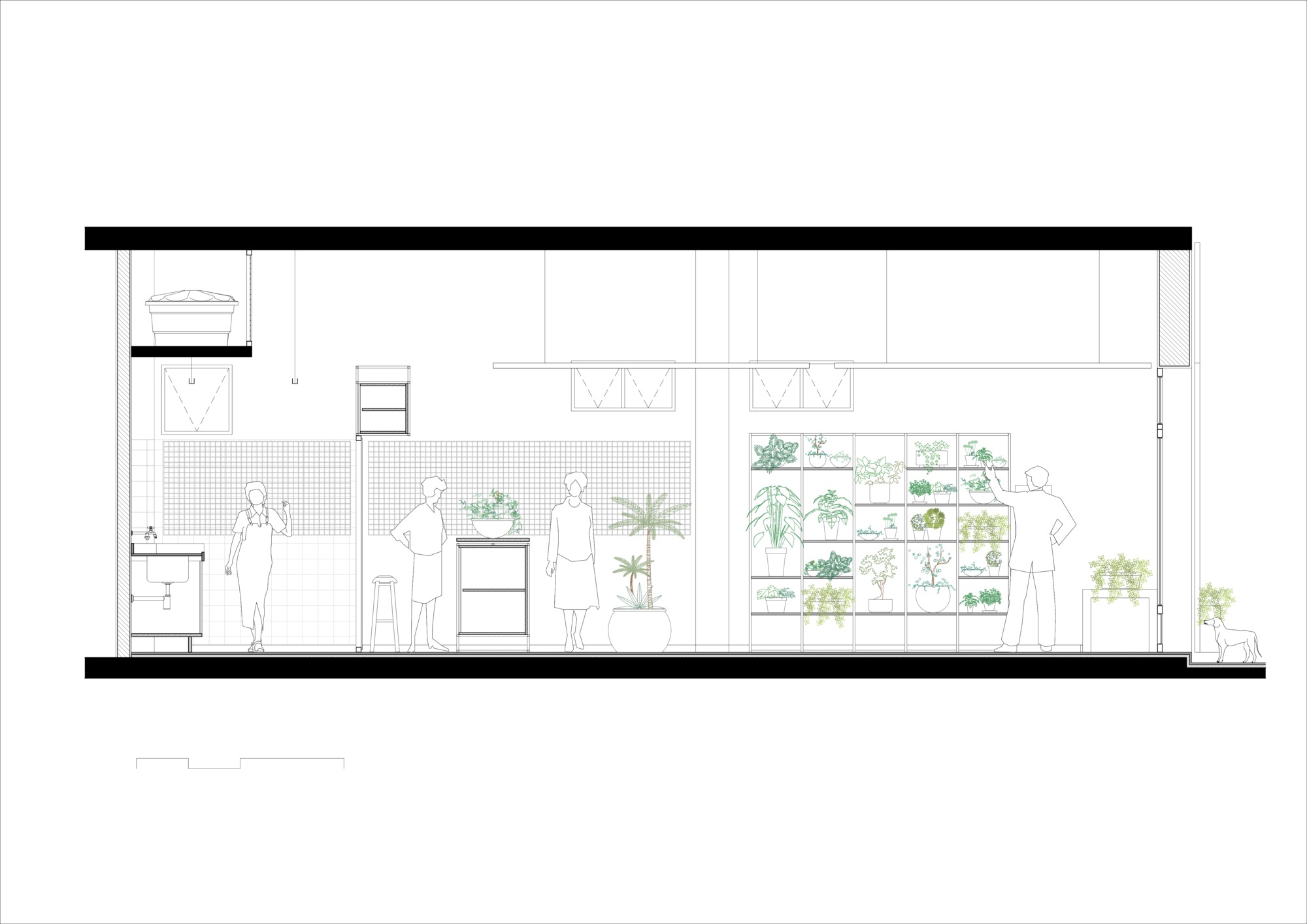 Section drawing of the shop interior showing standing figures, a tall plant shelving grid, a sink area, a water tank and a small dog outside