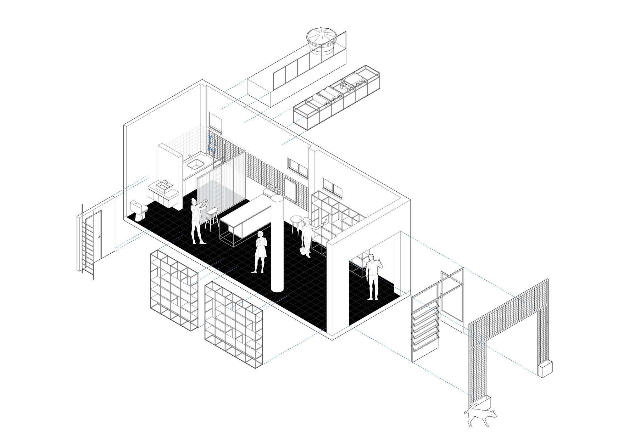 Exploded axonometric drawing of a single-room interior with kitchen counters, shelving units and a door lifted out, with figures and a dog for scale