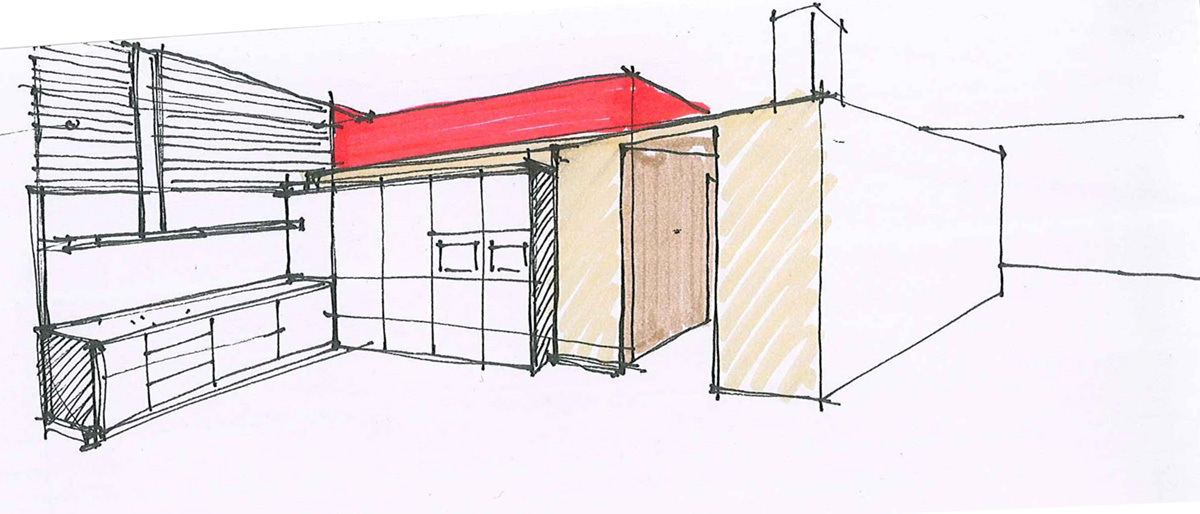 Perspective sketch in marker of a timber-clad volume with shelving and a red roof band beside a tall door