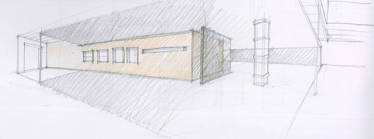 Pencil perspective sketch of a long ochre-tinted volume with small square windows beneath a sloping shaded roof beside a square column